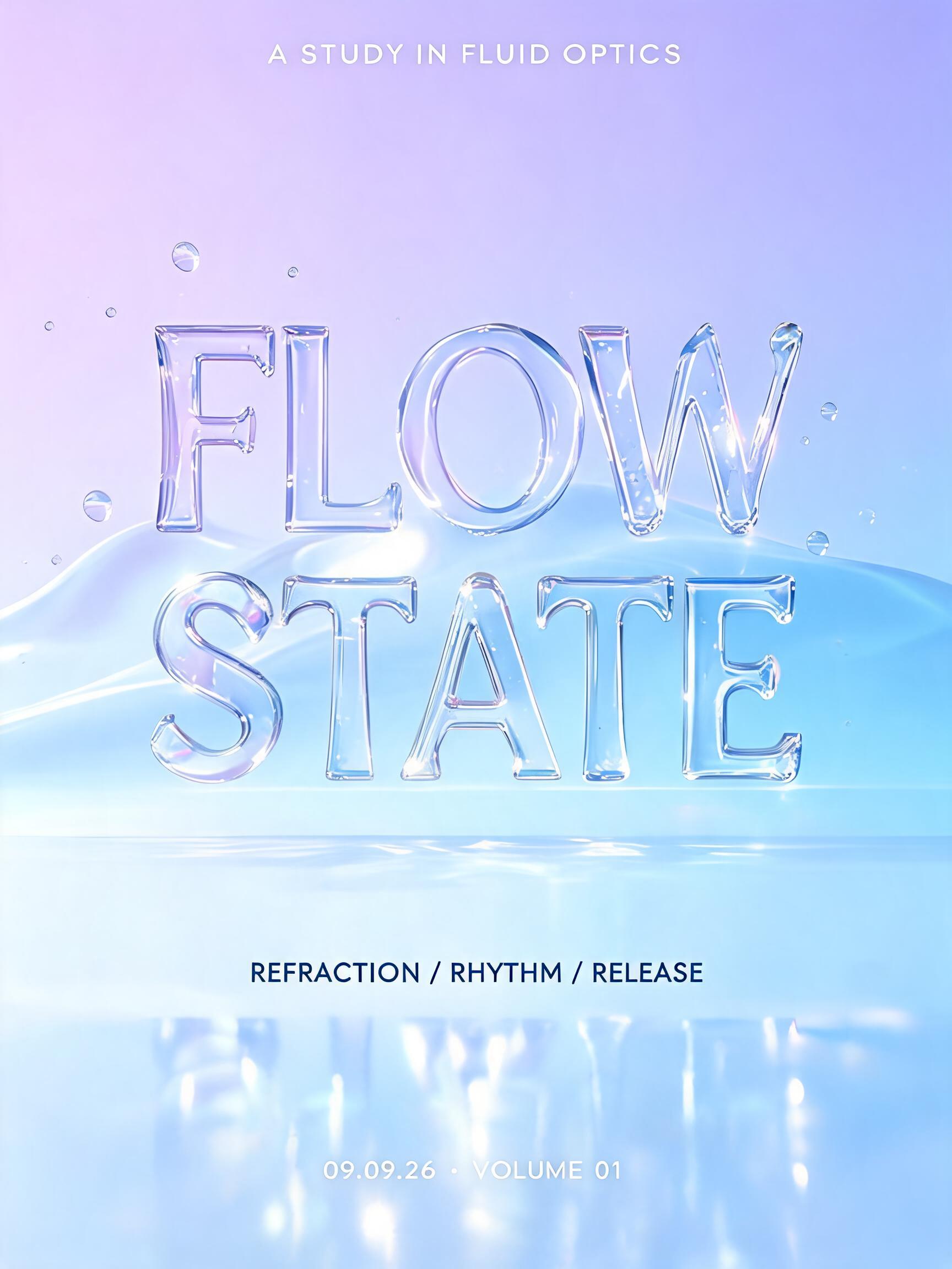 "FLOW
STATE
A STUDY IN FLUID OPTICS
REFRACTION / RHYTHM / RELEASE
09.09.26 · VOLUME 01" — Glass | AI Text Effect Generator
