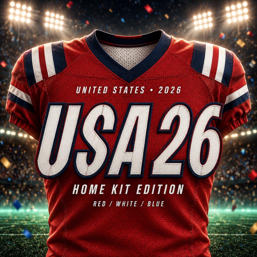 "USA 26
UNITED STATES • 2026
HOME KIT EDITION
RED / WHITE / BLUE" — Sports Football | AI Text Effect Generator