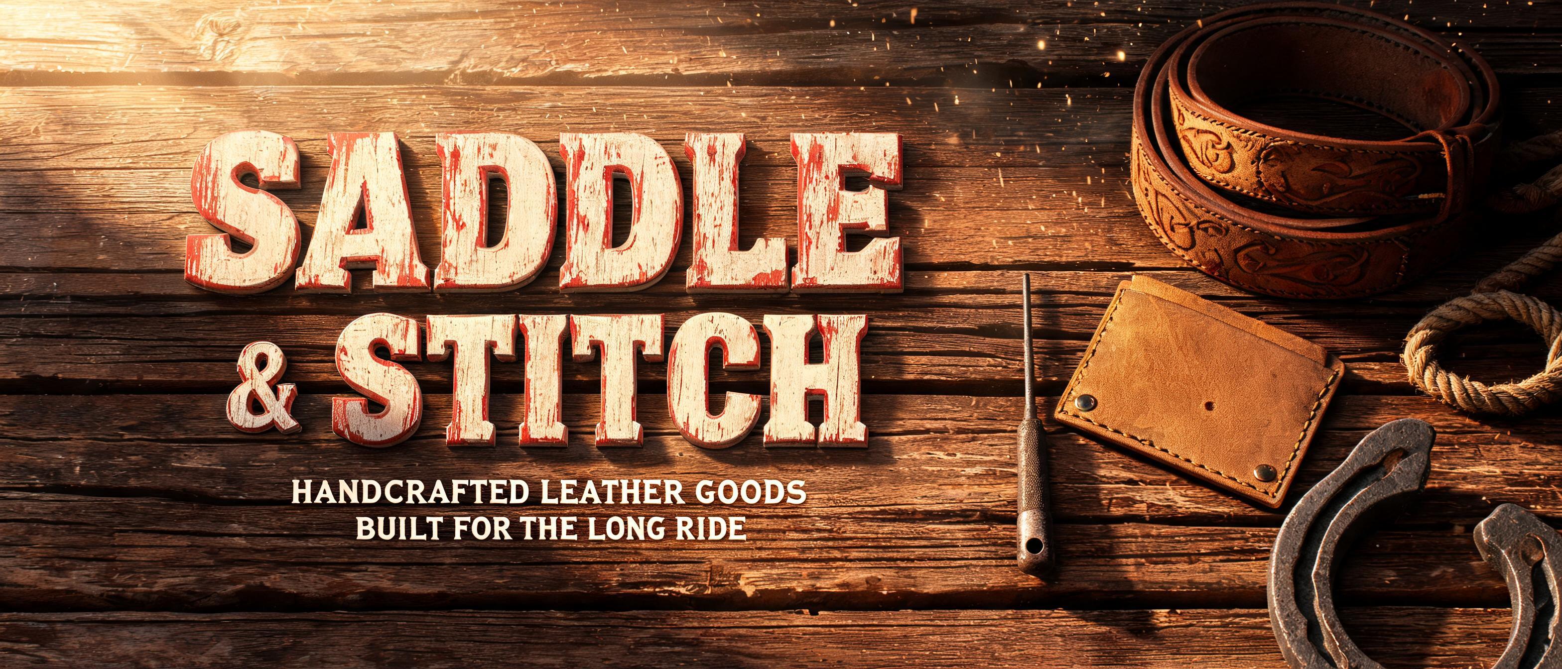 "SADDLE
& STITCH
HANDCRAFTED LEATHER GOODS
BUILT FOR THE LONG RIDE" — Western text effect