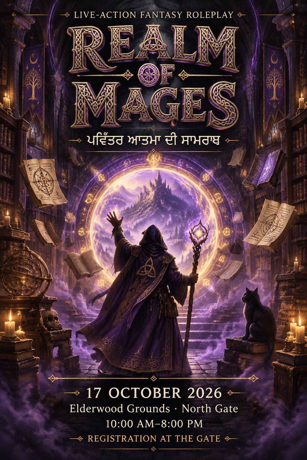"REALM OF MAGES
LIVE-ACTION FANTASY ROLEPLAY
ਪਵਿੱਤਰ ਆਤਮਾ ਦੀ ਸਾਮਰਥ
17 OCTOBER 2026
Elderwood Grounds · North Gate
10:00 AM–8:00 PM
REGISTRATION AT THE GATE" — Magic Fantasy text effect