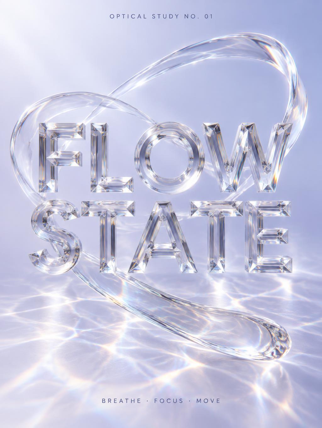 "FLOW STATE
OPTICAL STUDY NO. 01
BREATHE · FOCUS · MOVE" — Glass | AI Text Effect Generator