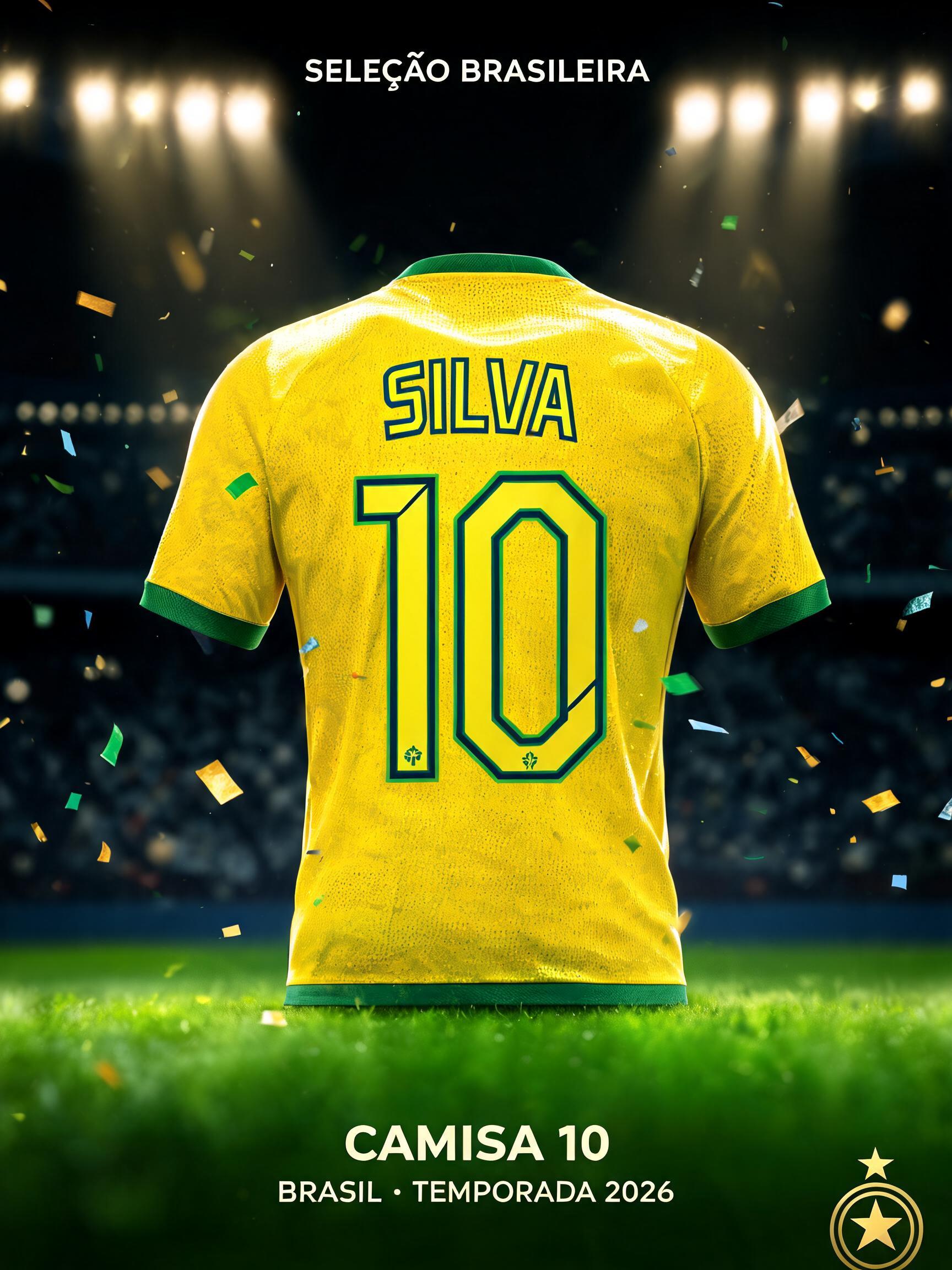 "SILVA
10
SELEÇÃO BRASILEIRA
CAMISA 10
BRASIL · TEMPORADA 2026" — Sports Football | AI Text Effect Generator