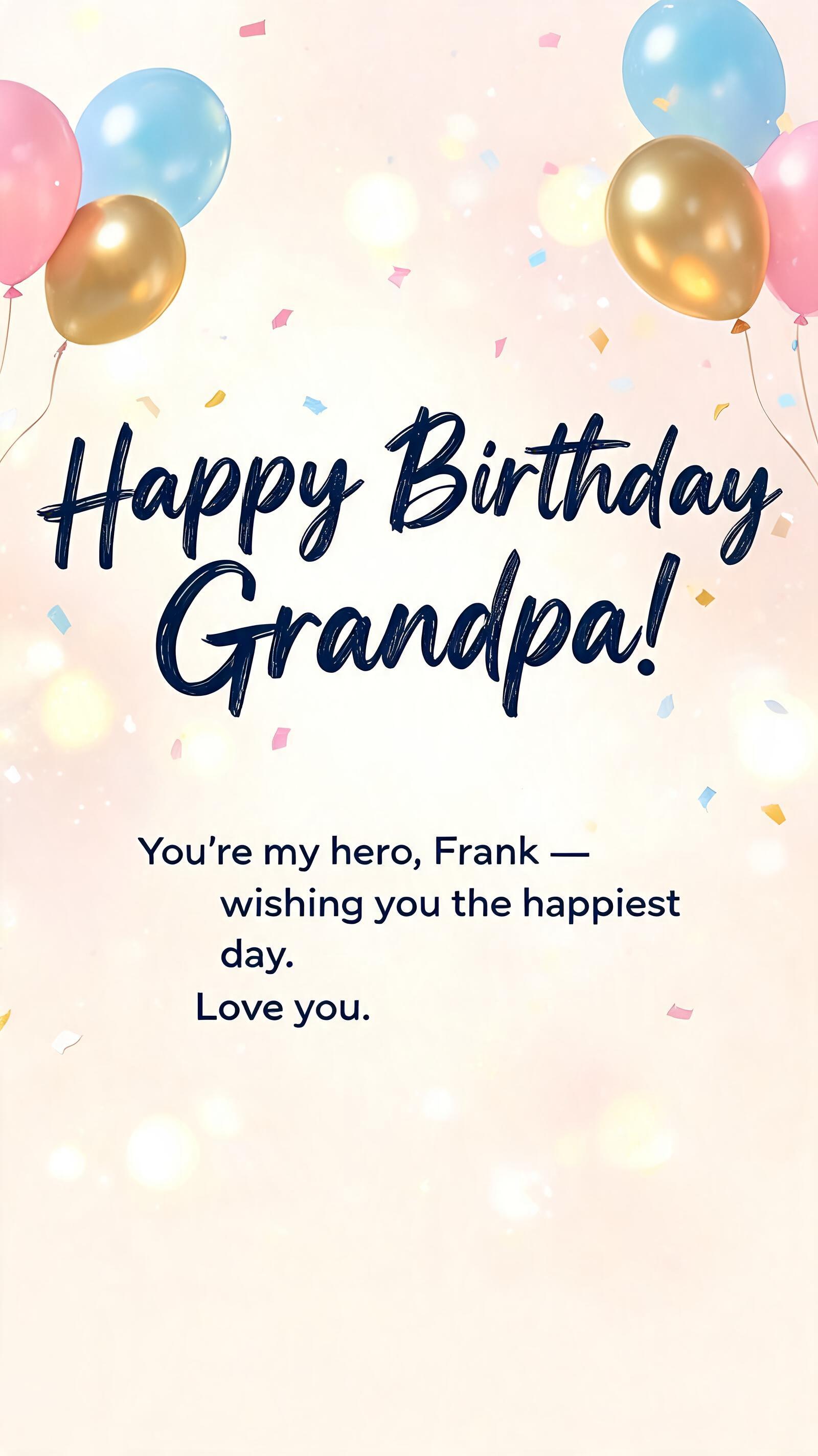 "Happy Birthday Grandpa!
You're my hero, Frank — wishing you the happiest day. Love you." — Birthday | AI Text Effect Generator