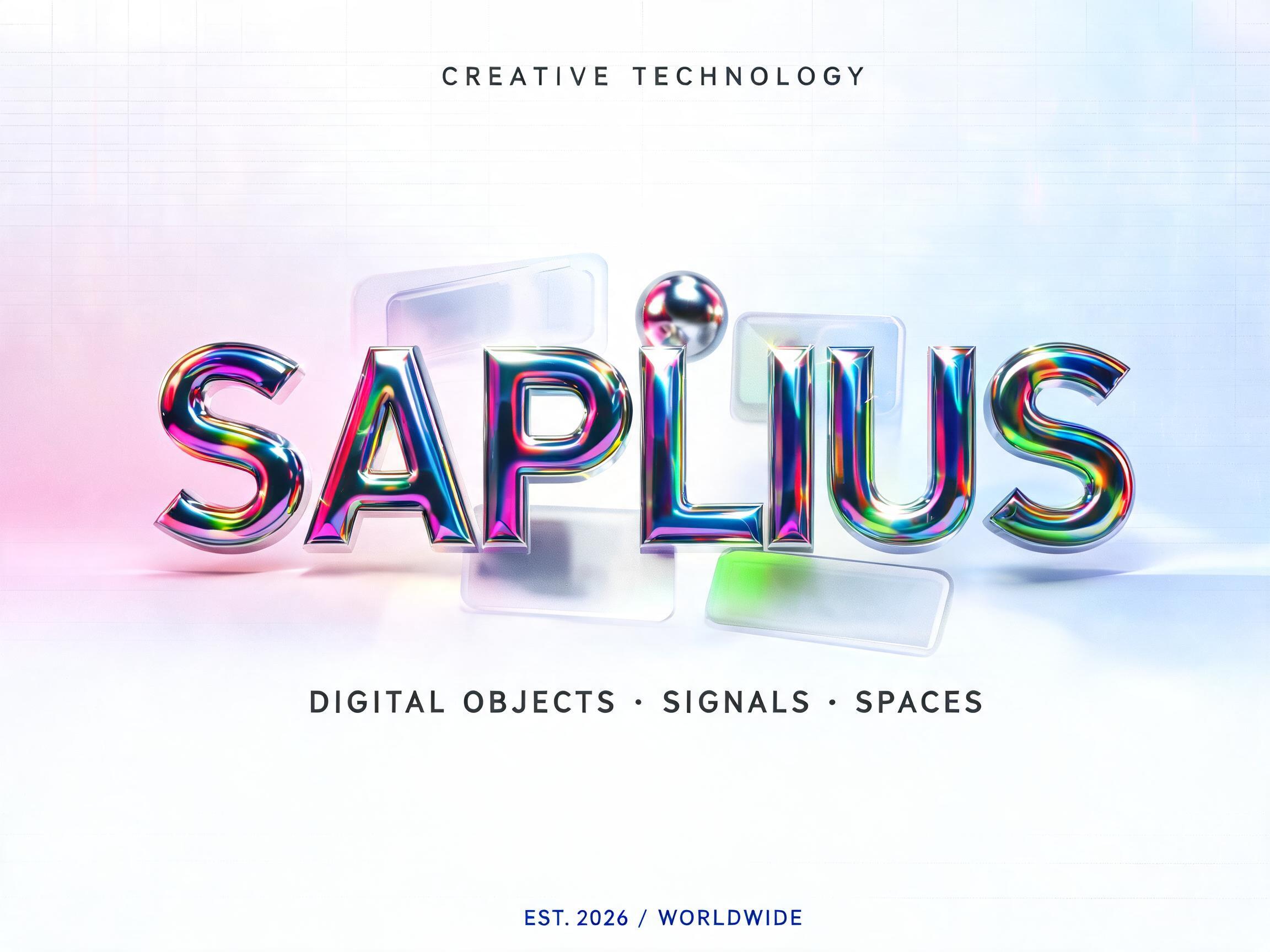 "SAPLIUS
CREATIVE TECHNOLOGY
DIGITAL OBJECTS · SIGNALS · SPACES
EST. 2026 / WORLDWIDE" — Y2k Chrome text effect