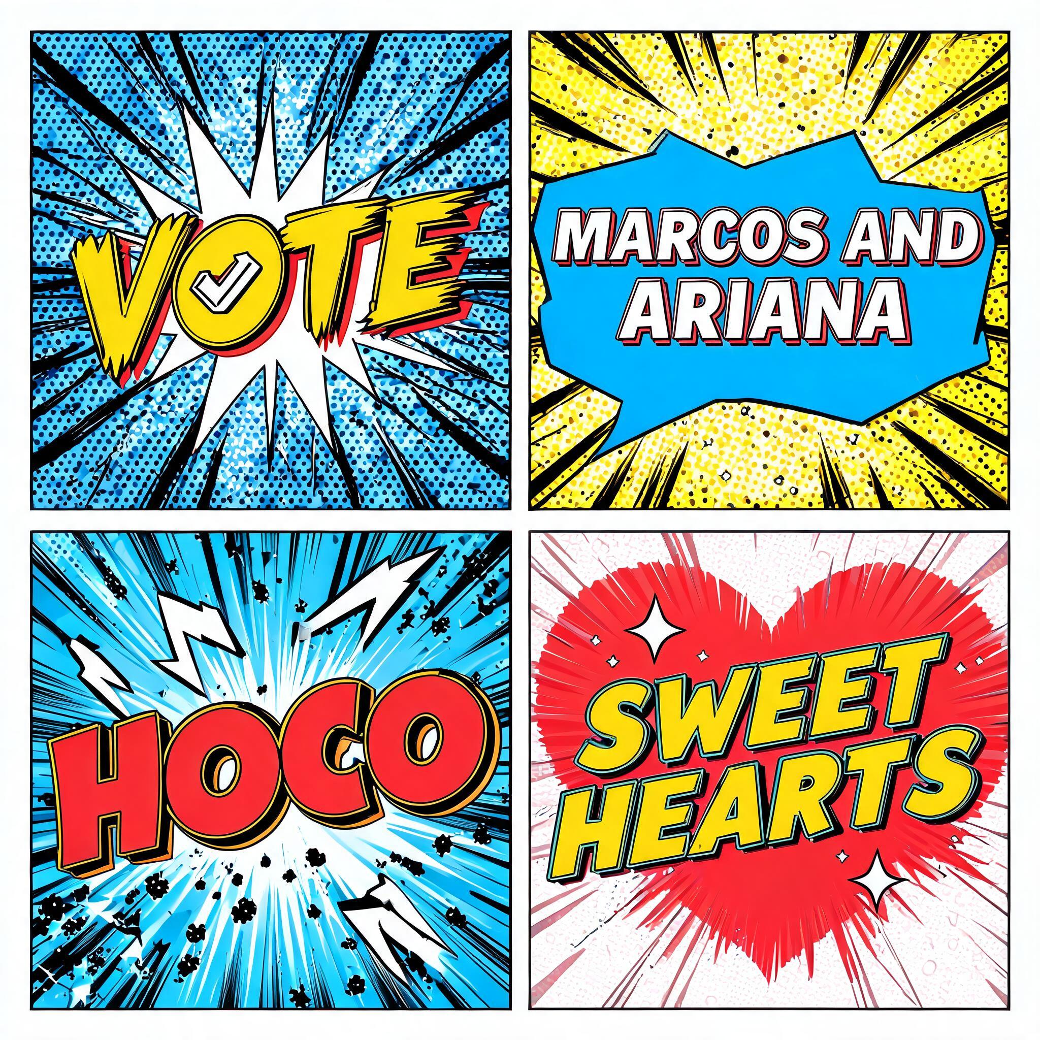 "Make 4 separate comic book text effects the first will say “VOTE” the next with say “MARCOS AND ARIANA” the third says “HOCO” the forth is “SWEETHEARTS”" — Comic Book text effect