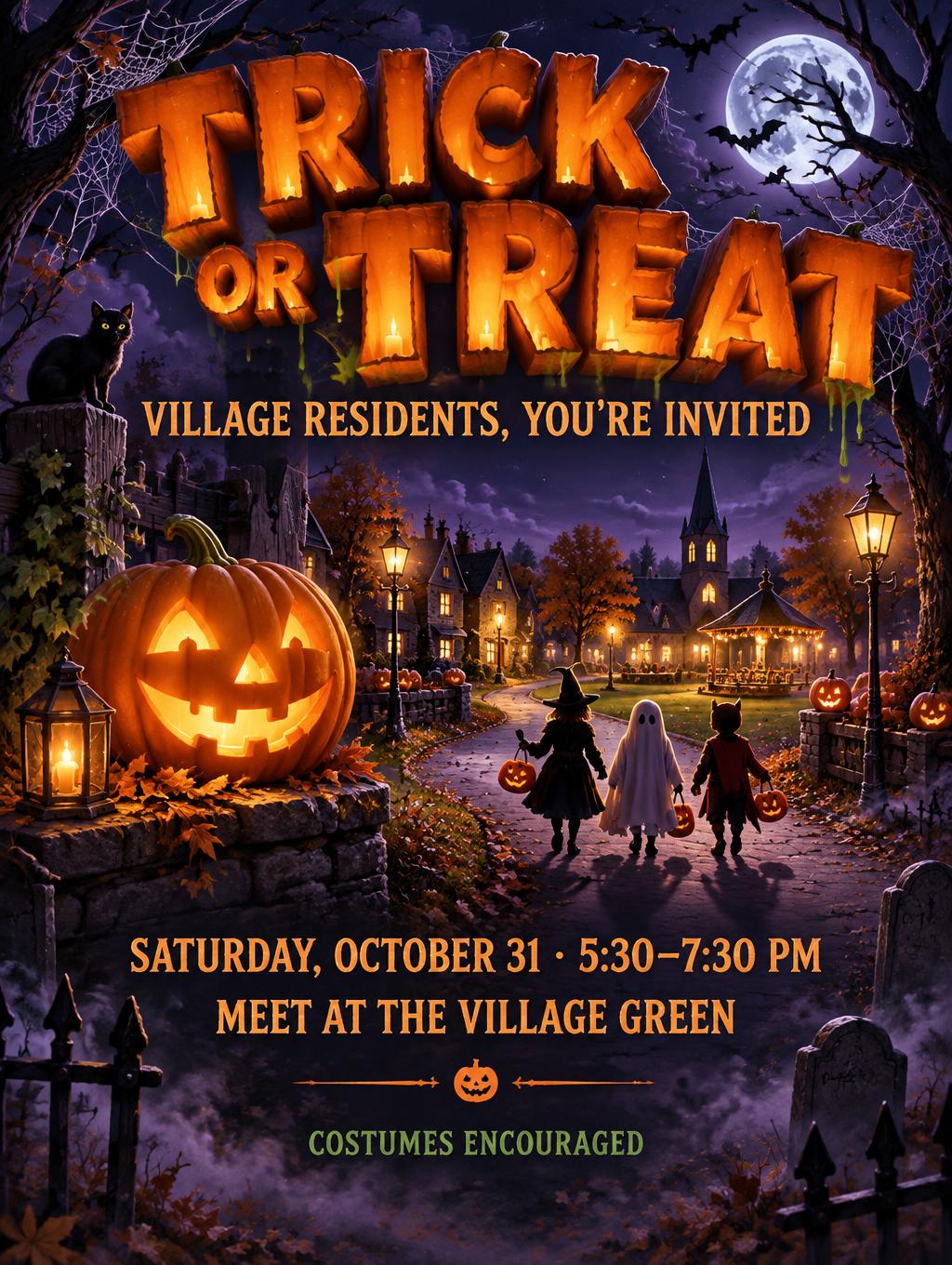 "TRICK OR TREAT
VILLAGE RESIDENTS, YOU'RE INVITED
SATURDAY, OCTOBER 31 · 5:30–7:30 PM
MEET AT THE VILLAGE GREEN
COSTUMES ENCOURAGED" — Halloween | AI Text Effect Generator