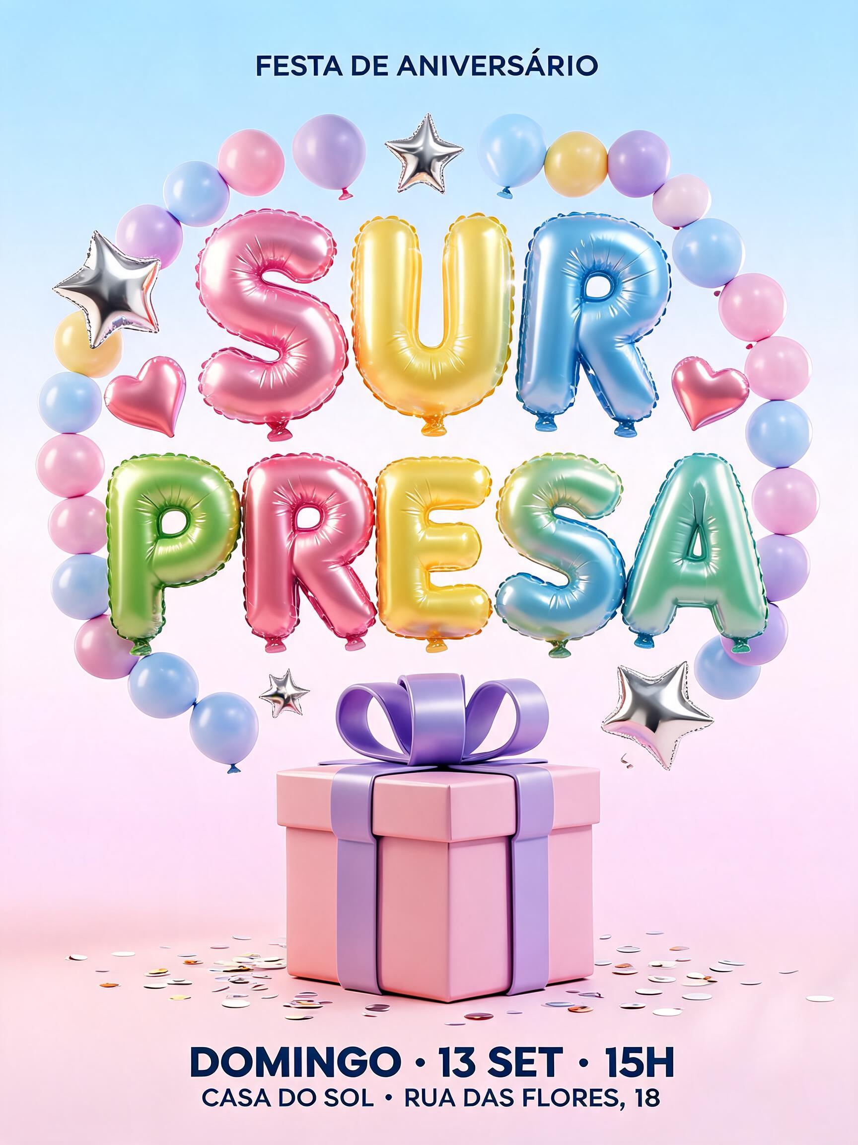 "SURPRESA
FESTA DE ANIVERSÁRIO
DOMINGO • 13 SET • 15H
CASA DO SOL • RUA DAS FLORES, 18" — Y2k Bubbly text effect