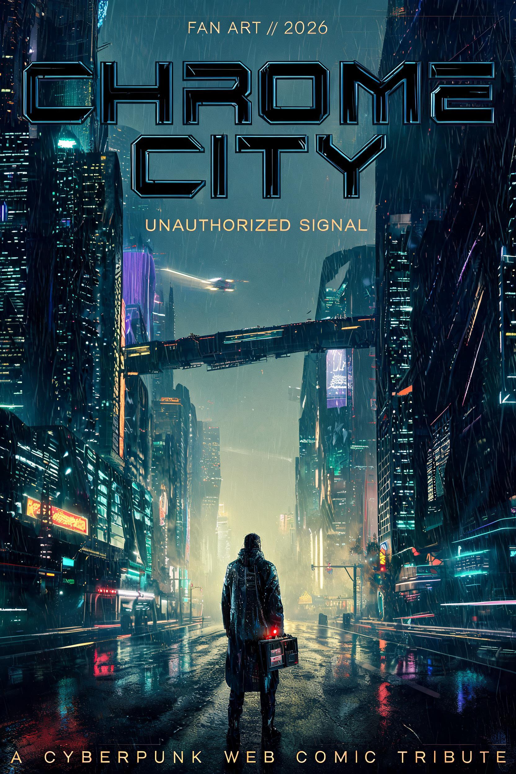 "FAN ART // 2026
CHROME
CITY
UNAUTHORIZED SIGNAL
A CYBERPUNK WEB COMIC TRIBUTE" — Cyberpunk 2077 | AI Text Effect Generator