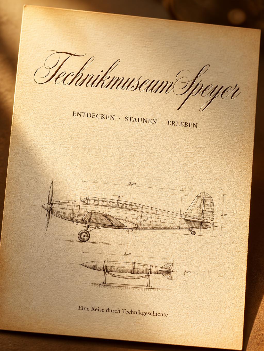 "Technikmuseum Speyer
ENTDECKEN · STAUNEN · ERLEBEN
Eine Reise durch Technikgeschichte" — handwritten script text effect