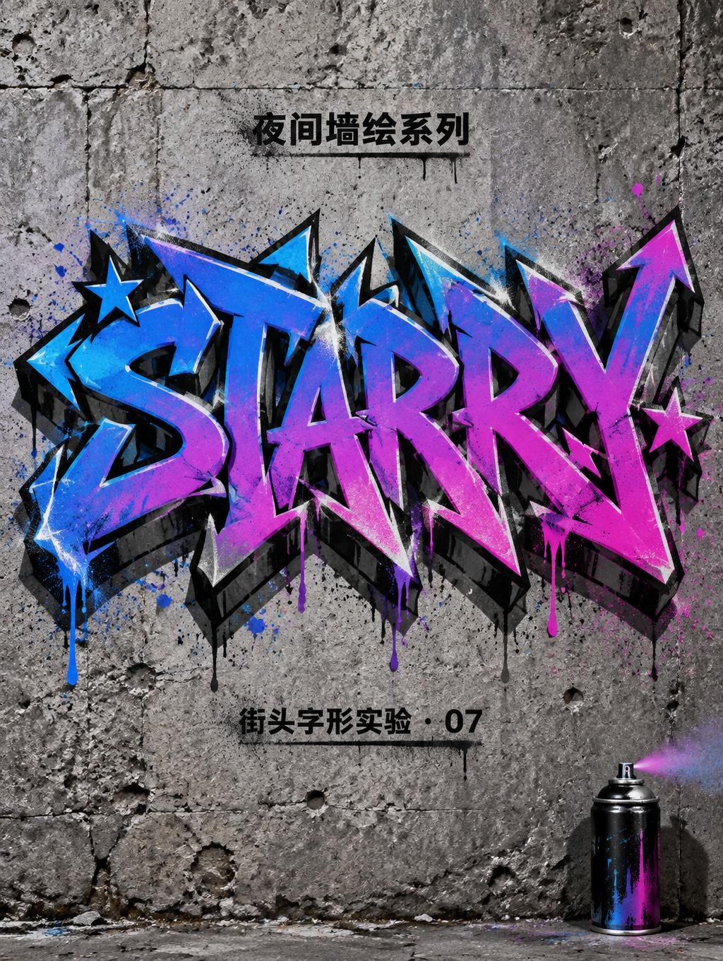 "STARRY
夜间墙绘系列
街头字形实验 · 07" — Graffiti | AI Text Effect Generator