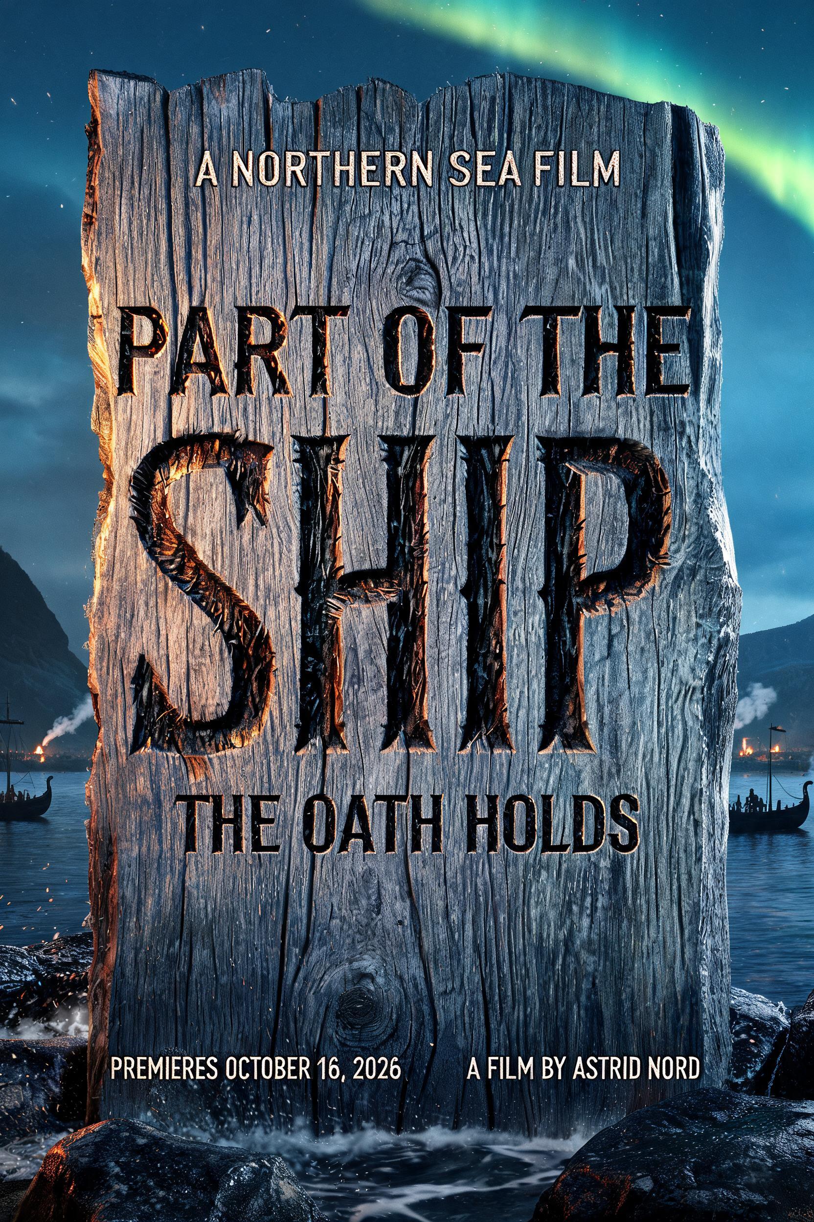 "PART OF THE SHIP
A NORTHERN SEA FILM
THE OATH HOLDS
PREMIERES OCTOBER 16, 2026
A FILM BY ASTRID NORD" — Viking | AI Text Effect Generator