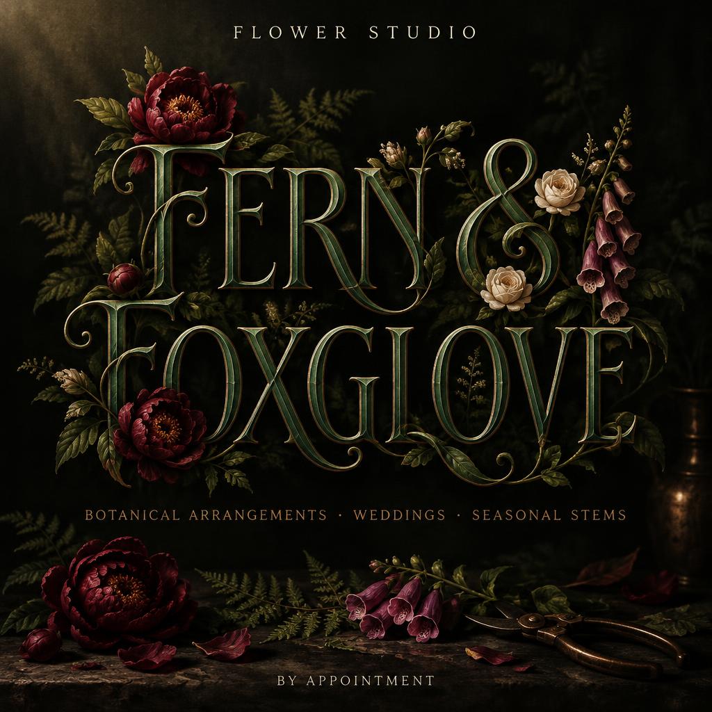 "FERN &
FOXGLOVE
FLOWER STUDIO
BOTANICAL ARRANGEMENTS · WEDDINGS · SEASONAL STEMS
BY APPOINTMENT" — floral text effect
