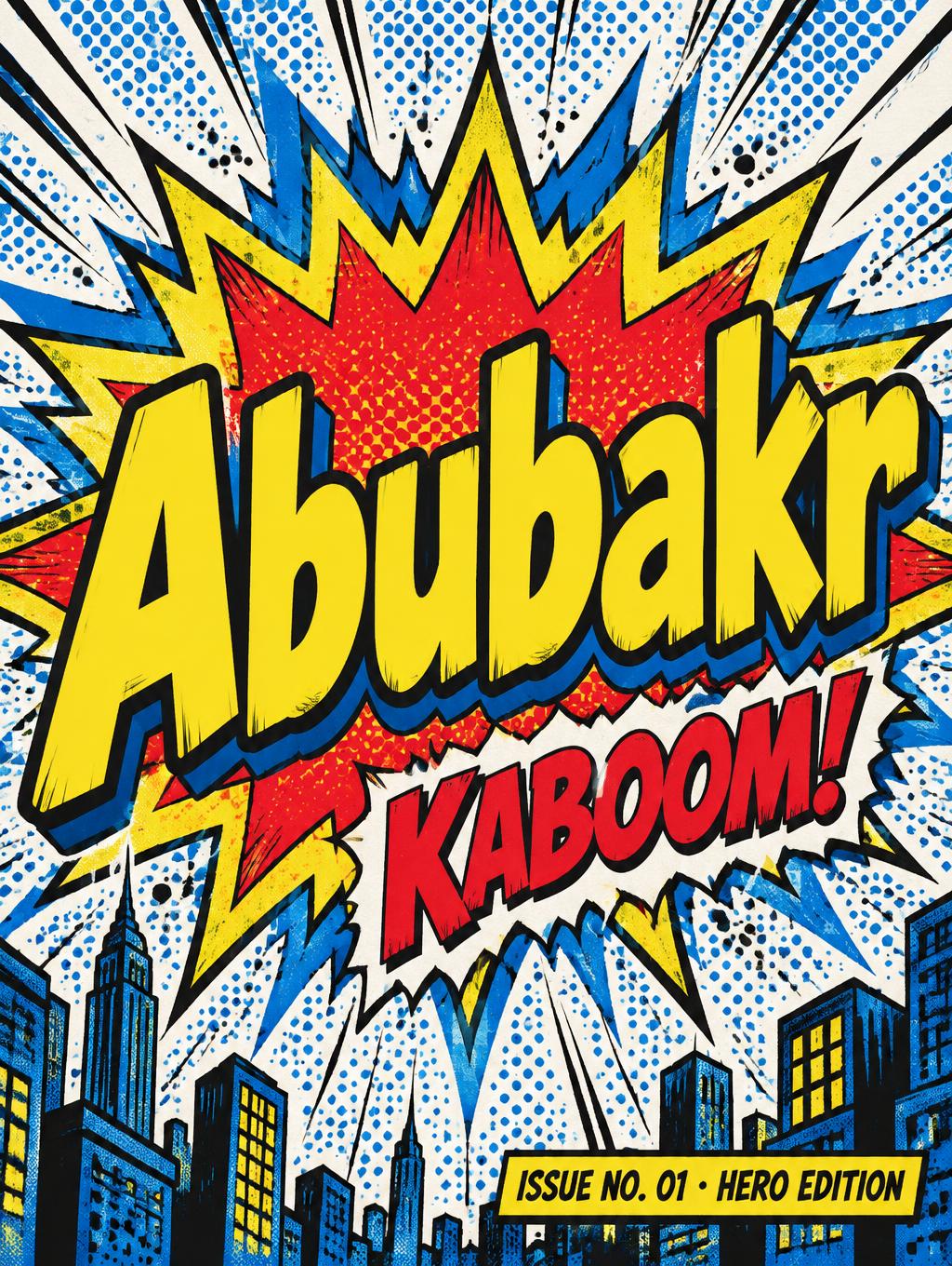 "Abubakr
KABOOM!
ISSUE NO. 01 · HERO EDITION" — Comic Book | AI Text Effect Generator