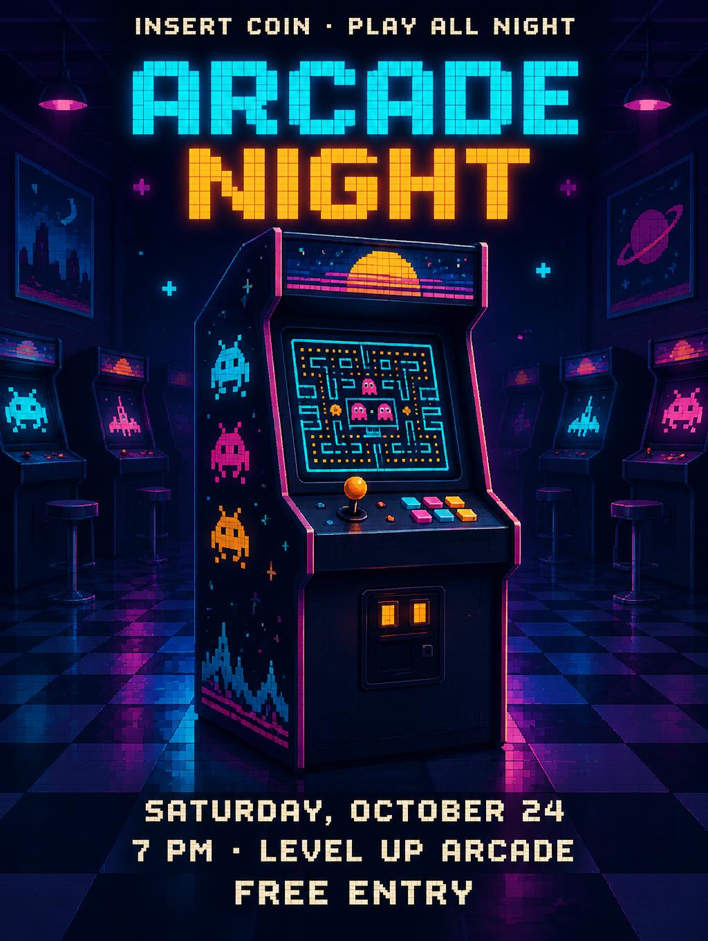"ARCADE NIGHT
INSERT COIN · PLAY ALL NIGHT
SATURDAY, OCTOBER 24
7 PM · LEVEL UP ARCADE
FREE ENTRY" —  | AI Text Effect Generator