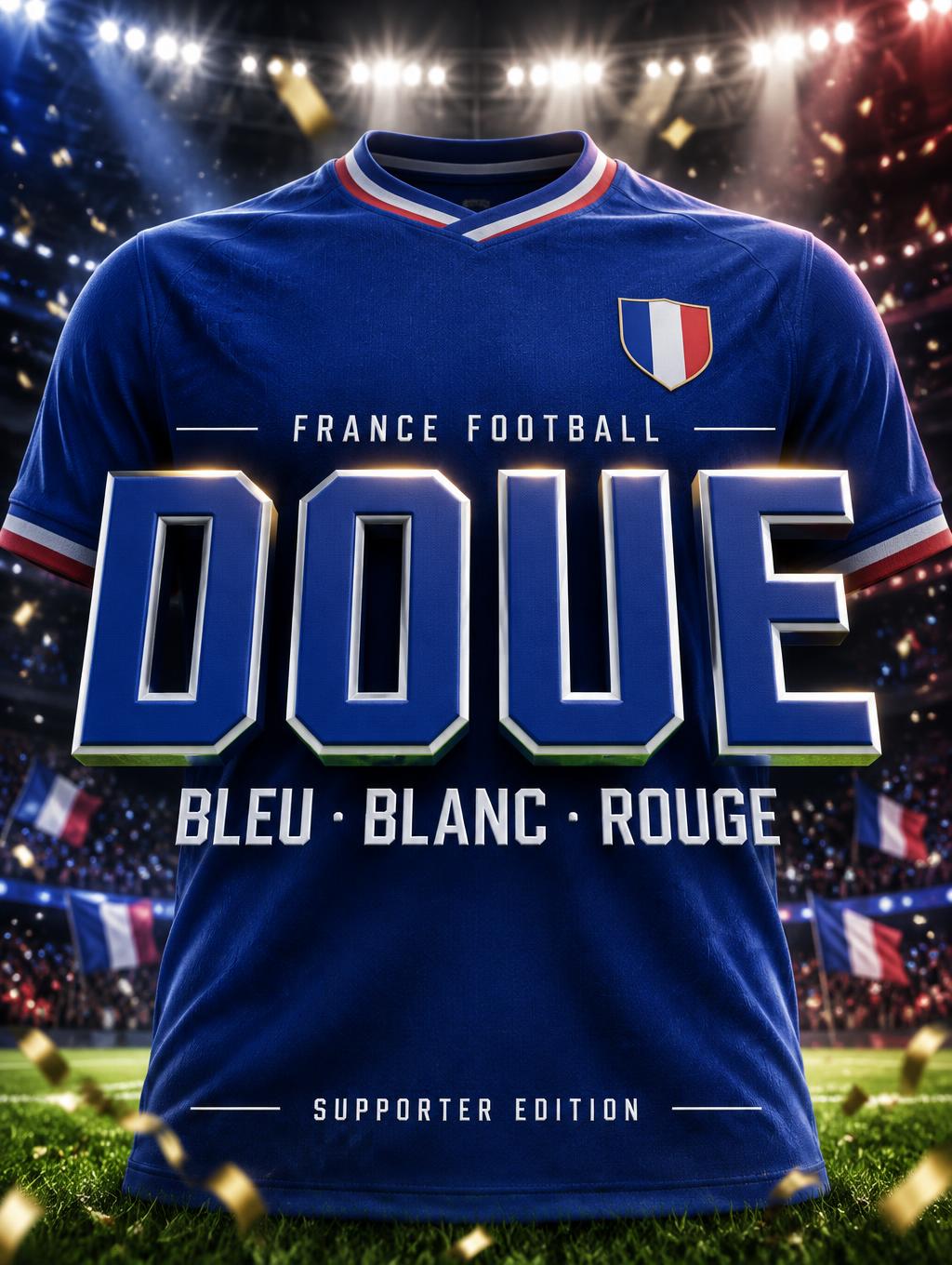 "DOUE
FRANCE FOOTBALL
BLEU · BLANC · ROUGE
SUPPORTER EDITION" — Sports Football | AI Text Effect Generator