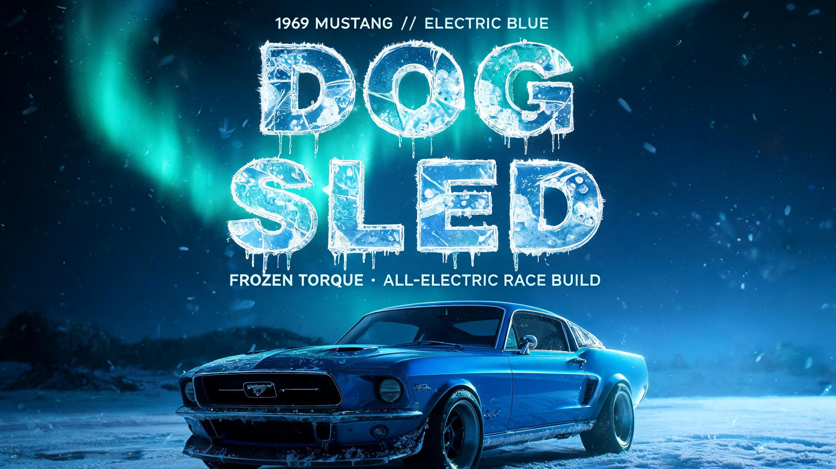 "DOG
SLED
1969 MUSTANG // ELECTRIC BLUE
FROZEN TORQUE • ALL-ELECTRIC RACE BUILD" — Glass Frozen | AI Text Effect Generator