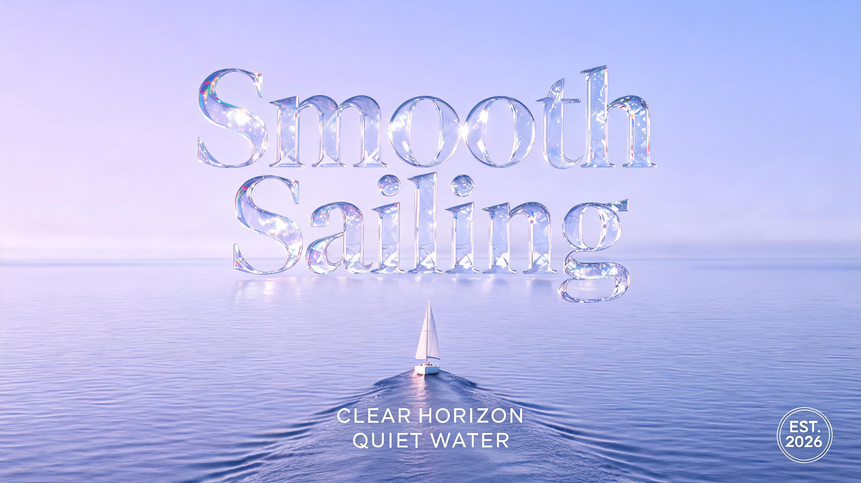 "Smooth Sailing
COASTLINE STUDIO
CLEAR HORIZON / QUIET WATER
EST. 2026" — Glass | AI Text Effect Generator