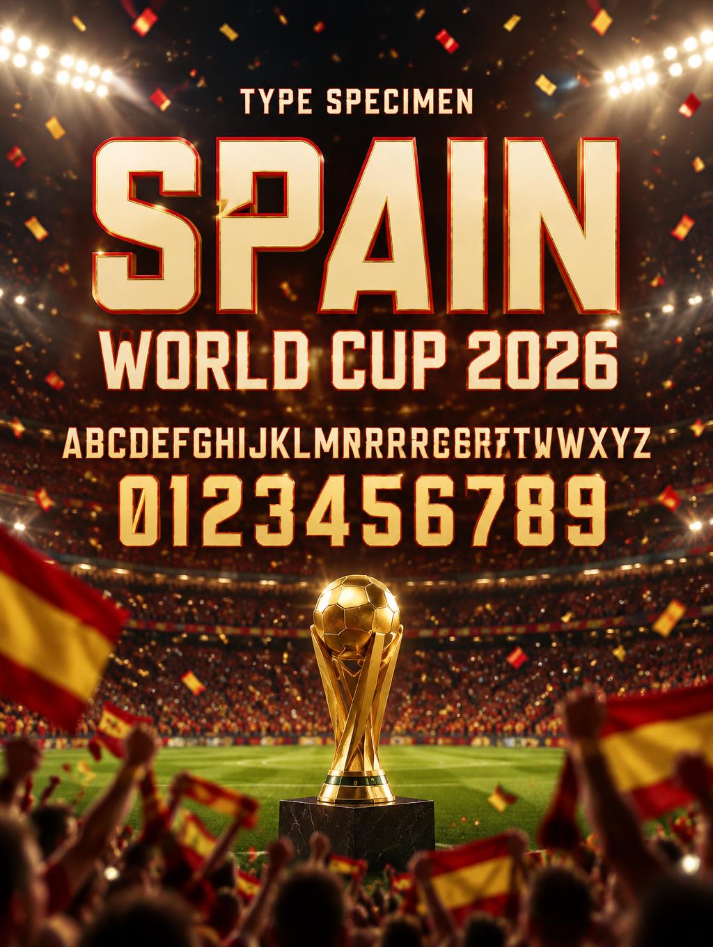 "SPAIN
WORLD CUP 2026
ABCDEFGHIJKLMNOPQRSTUVWXYZ
0123456789
TYPE SPECIMEN" — Sports Football | AI Text Effect Generator