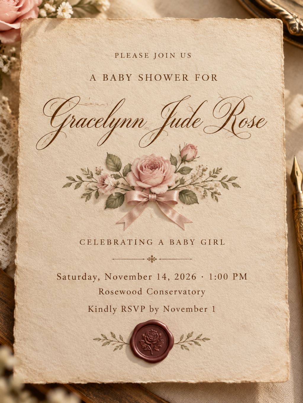 PLEASE JOIN US
A BABY SHOWER FOR
Gracelynn Jude Rose
CELEBRATING A BABY GIRL
Saturday, November 14, 2026 · 1:00 PM
Rosewood Conservatory
Kindly RSVP by November 1
