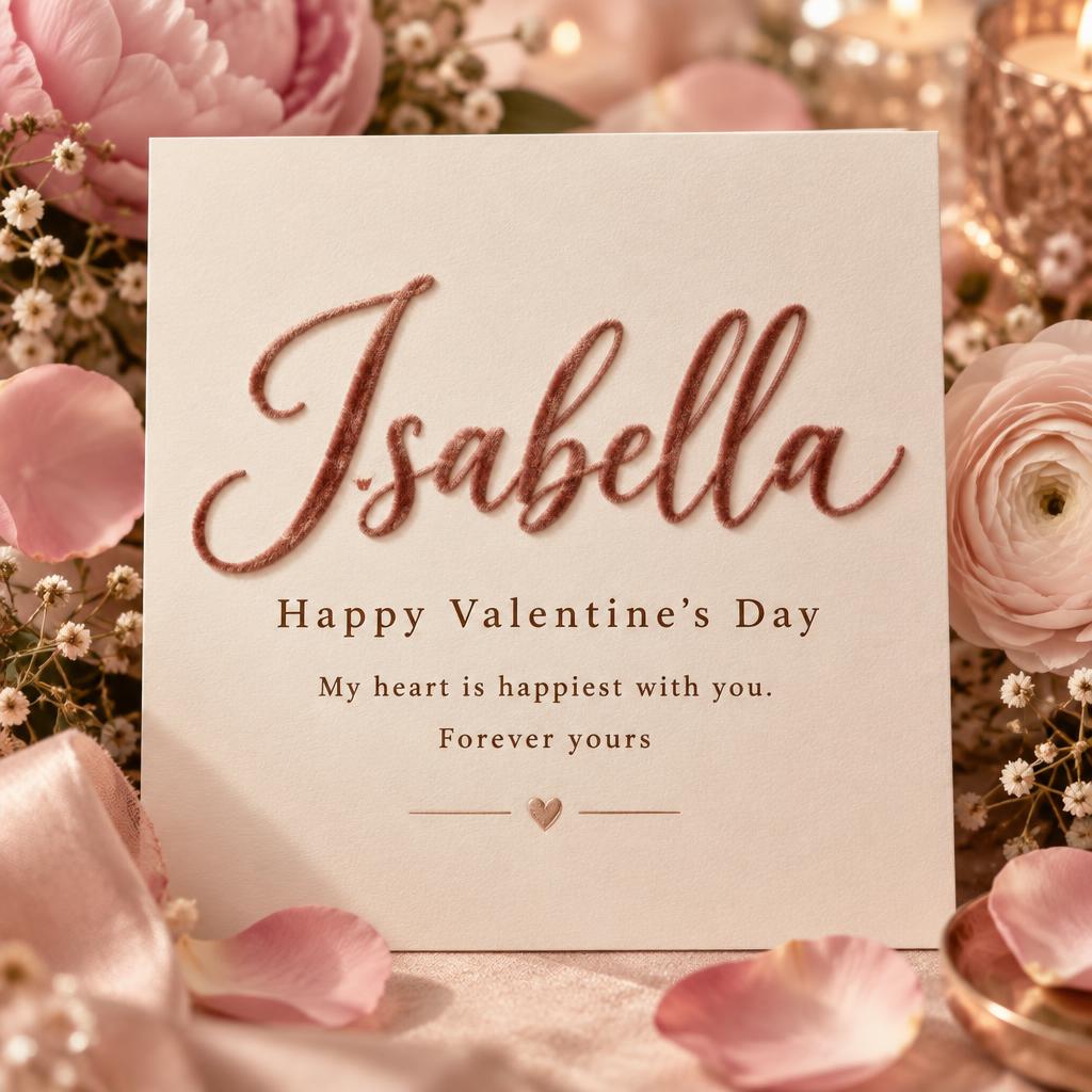 "Isabella
Happy Valentine's Day
My heart is happiest with you.
Forever yours" — Romantic Her text effect
