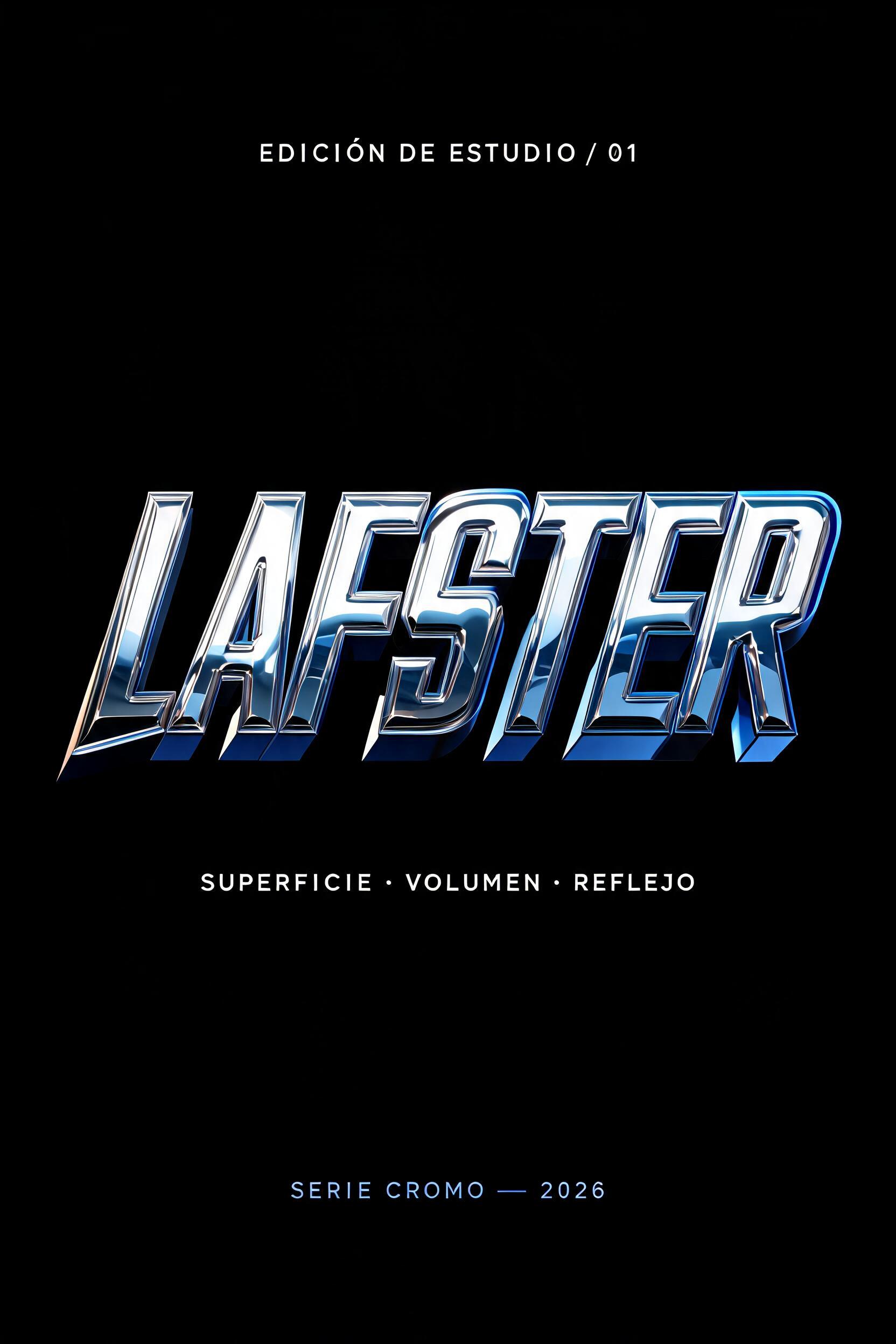 "LAFSTER
EDICIÓN DE ESTUDIO / 01
SUPERFICIE · VOLUMEN · REFLEJO
SERIE CROMO — 2026" — Chrome Metal 3d | AI Text Effect Generator
