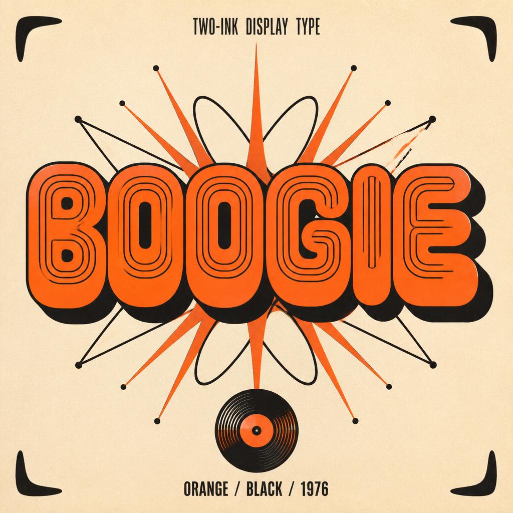 "BOOGIE
TWO-INK DISPLAY TYPE
ORANGE / BLACK / 1976" — Retro Pop text effect