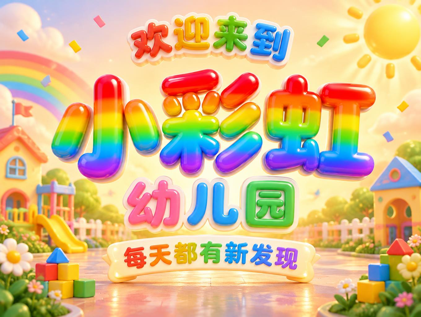 "小彩虹
欢迎来到
幼儿园
每天都有新发现" — Rainbow text effect