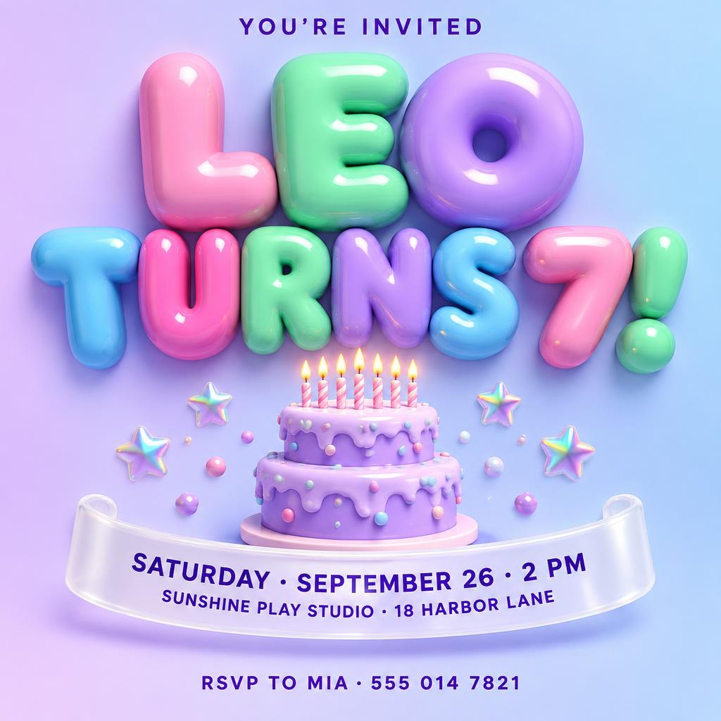 "LEO
TURNS 7!
YOU'RE INVITED
SATURDAY · SEPTEMBER 26 · 2 PM
SUNSHINE PLAY STUDIO · 18 HARBOR LANE
RSVP TO MIA · 555 014 7821" — 3d Bold Inflated | AI Text Effect Generator