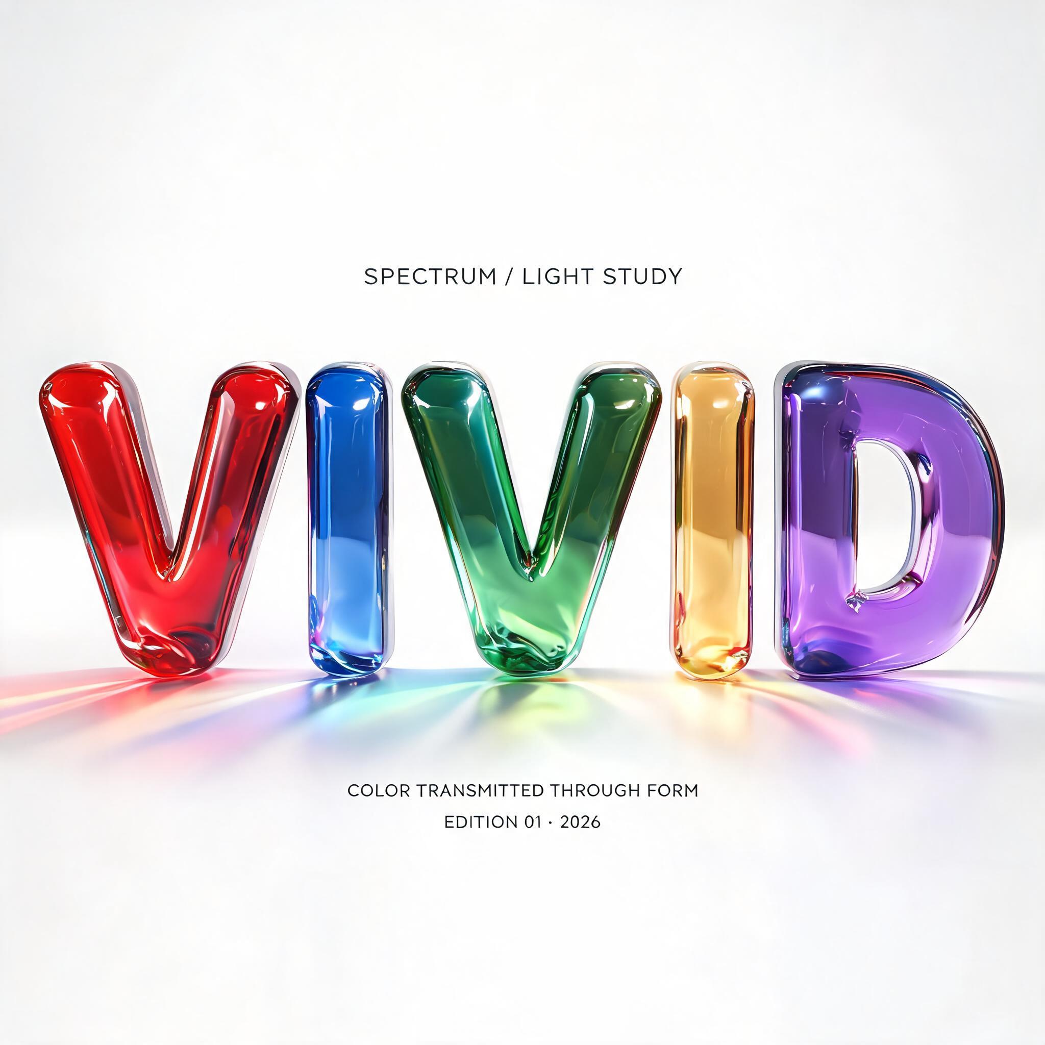 "VIVID
SPECTRUM / LIGHT STUDY
COLOR TRANSMITTED THROUGH FORM
EDITION 01 · 2026" — Glass Color text effect
