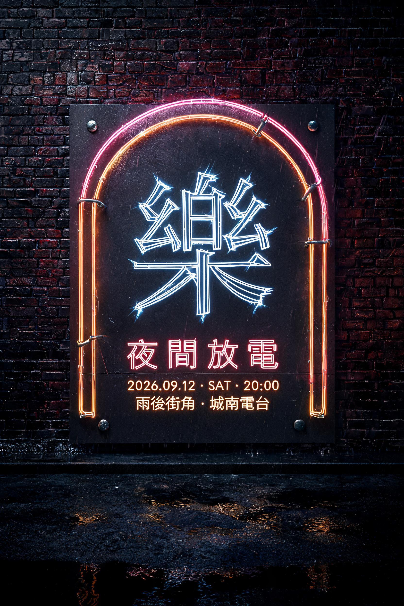 "樂
夜間放電
2026.09.12 · SAT · 20:00
雨後街角 · 城南電台" — Neon Sign | AI Text Effect Generator