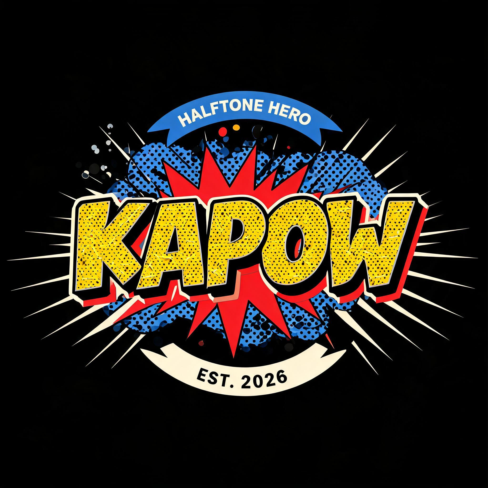"Can you do a t-shirt print that says KAPOW for my brand Halftone Hero" — Comic Book | AI Text Effect Generator