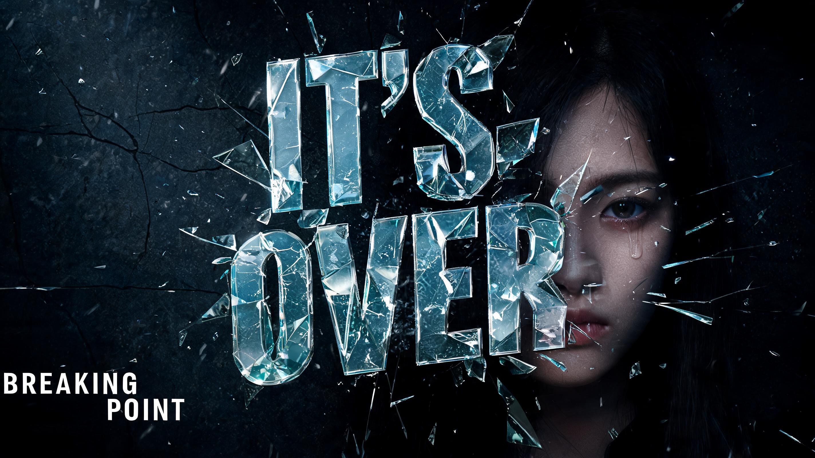 "Design a dramatic YouTube thumbnail that says IT'S OVER for my drama channel Breaking Point" — Glass Broken text effect