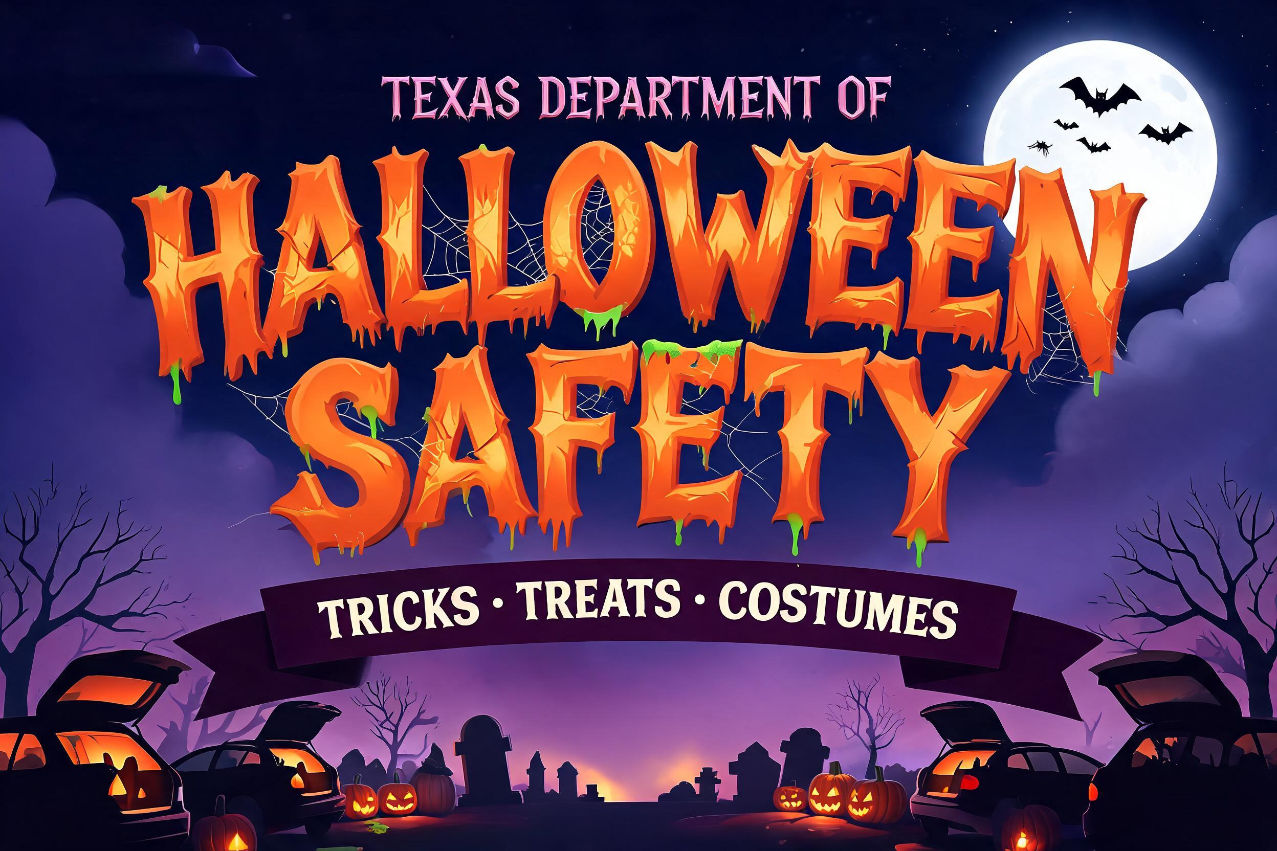 "Texas Department of
Halloween Safety 
Tricks • Treats • Costumes" — Halloween | AI Text Effect Generator