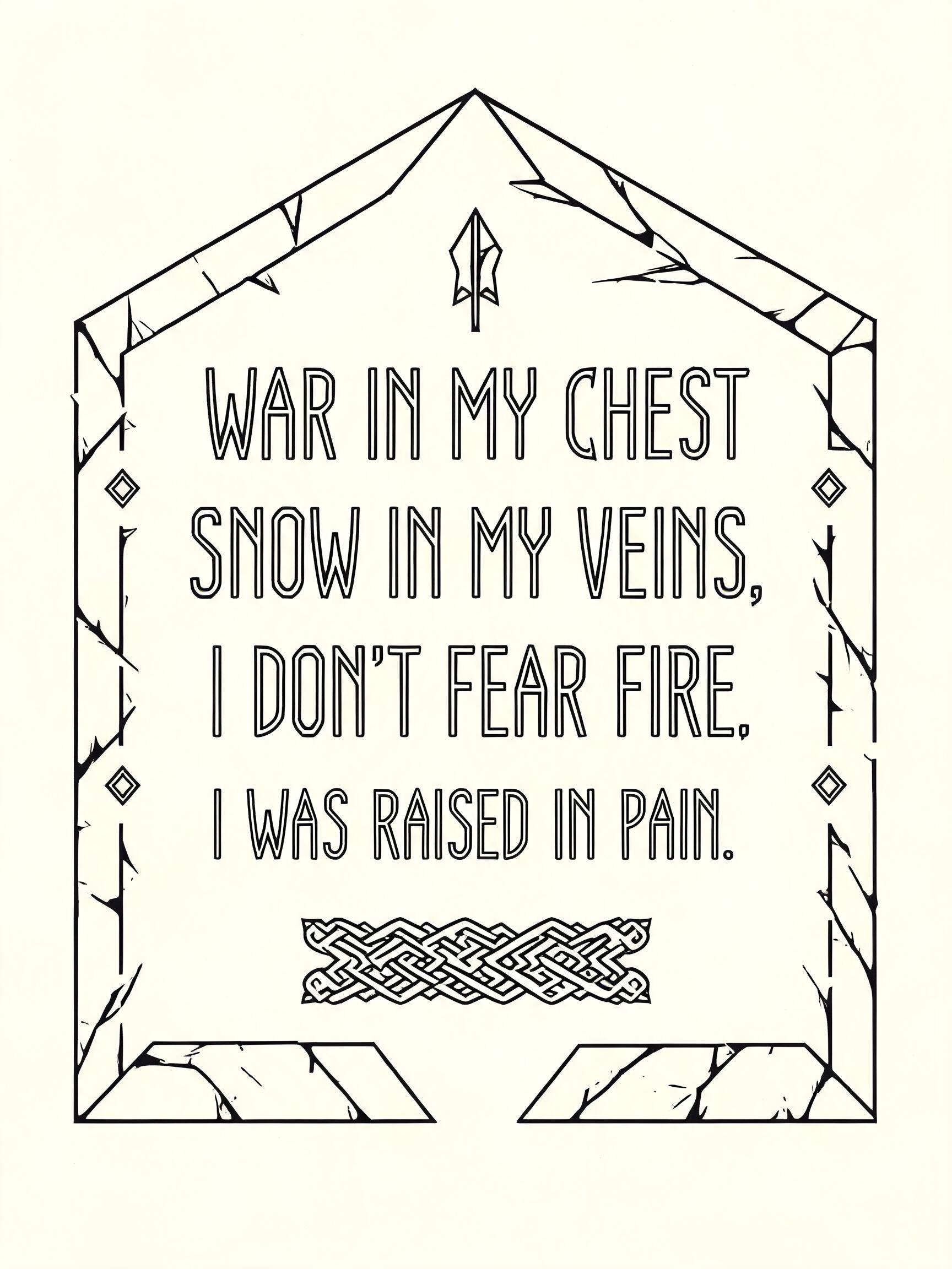"WAR IN MY CHEST
SNOW IN MY VEINS,
I DON’T FEAR FIRE,
I WAS RAISED IN PAIN." — Viking text effect
