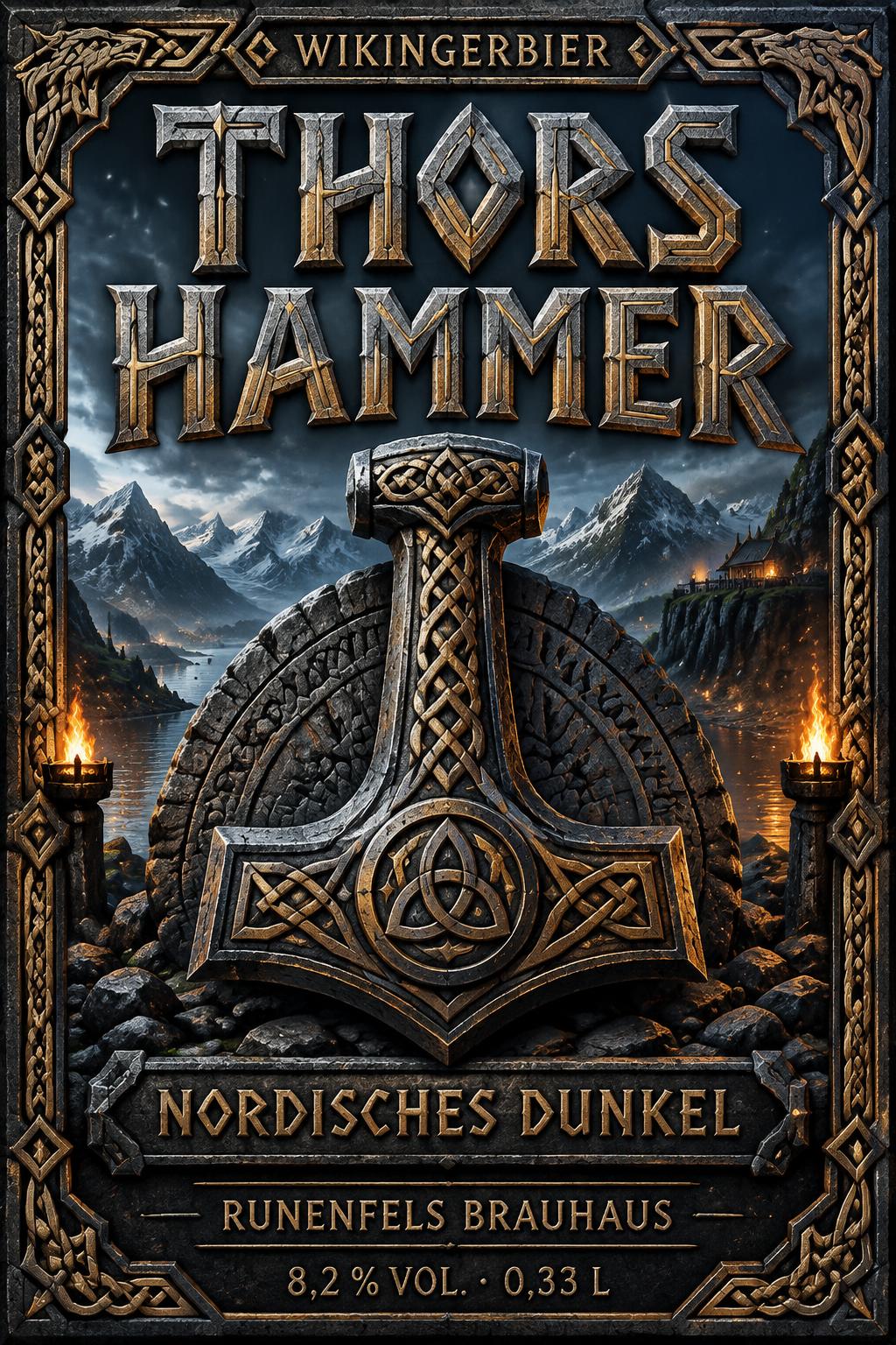 "THORS HAMMER
NORDISCHES DUNKEL
WIKINGERBIER
RUNENFELS BRAUHAUS
8,2 % VOL. · 0,33 L" — Viking | AI Text Effect Generator