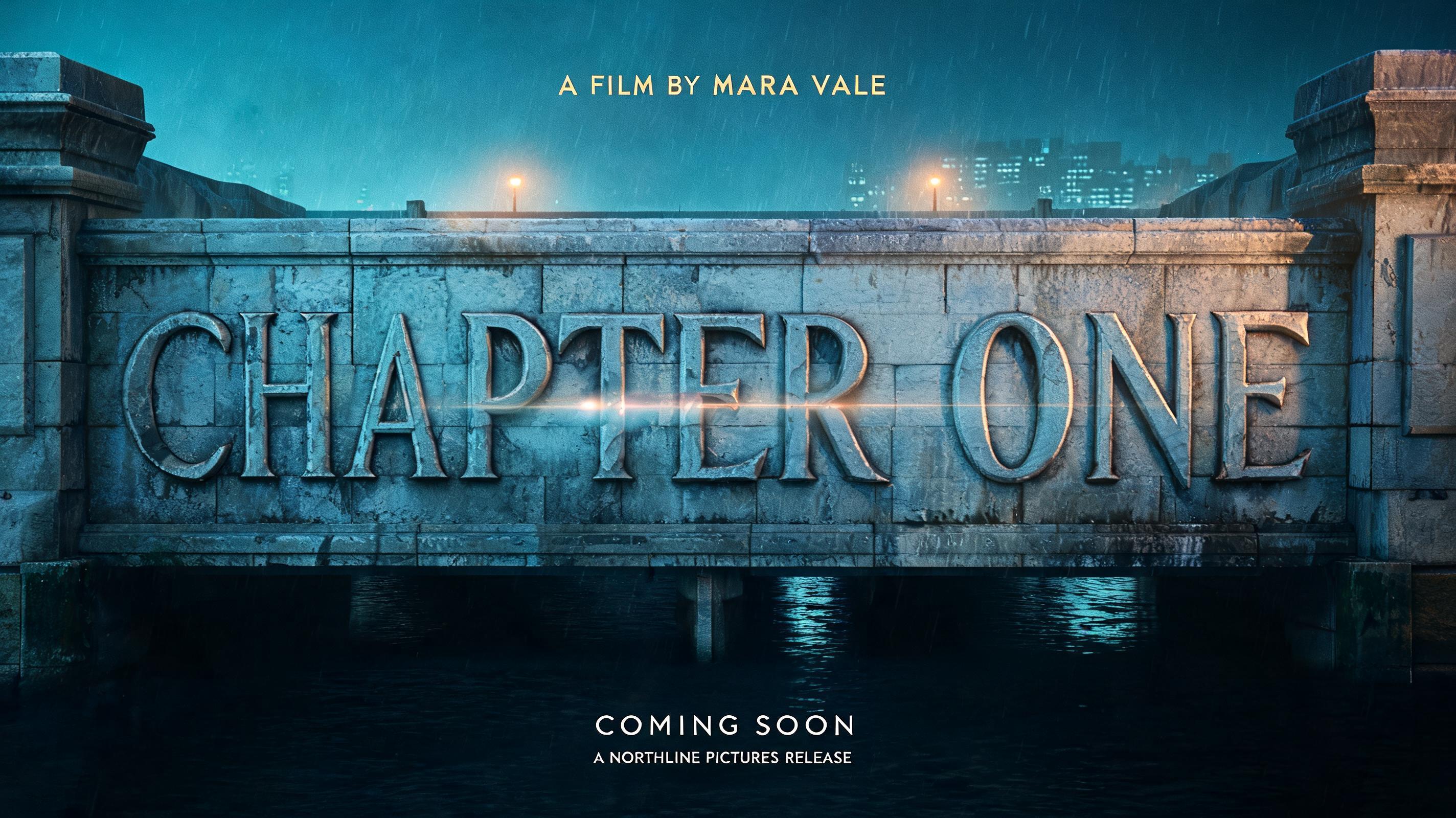 "CHAPTER ONE
A FILM BY MARA VALE
COMING SOON
A NORTHLINE PICTURES RELEASE" — Cinematic Netflix | AI Text Effect Generator