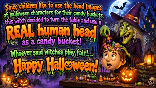 "Since children like to use the head images of halloween characters for their candy buckets, this witch decided to turn the table and use a REAL human head as a candy bucket! Whoever said witches play fair!...Happy Halloween!" — halloween text effect