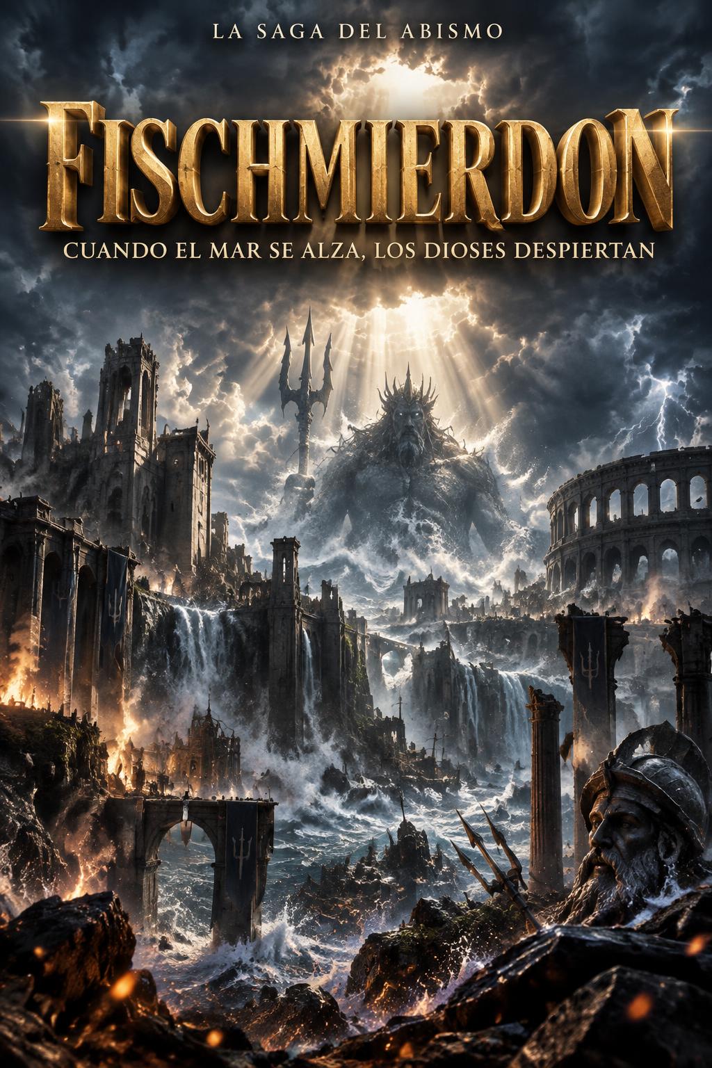 "FISCHMIERDON
CUANDO EL MAR SE ALZA, LOS DIOSES DESPIERTAN
LA SAGA DEL ABISMO" — Cinematic Blockbuster text effect