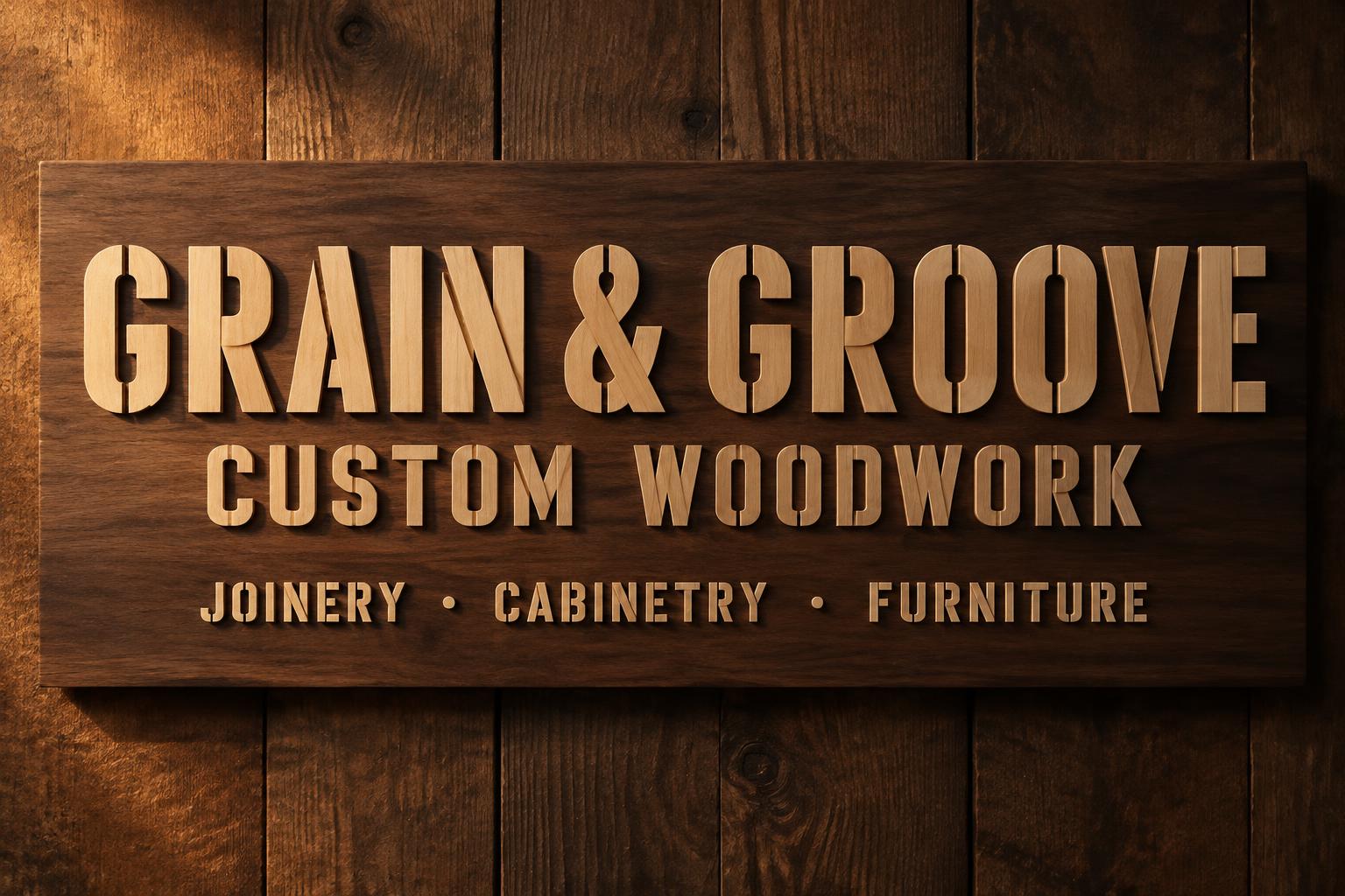 "GRAIN & GROOVE
CUSTOM WOODWORK
JOINERY · CABINETRY · FURNITURE" — Laser Cut text effect
