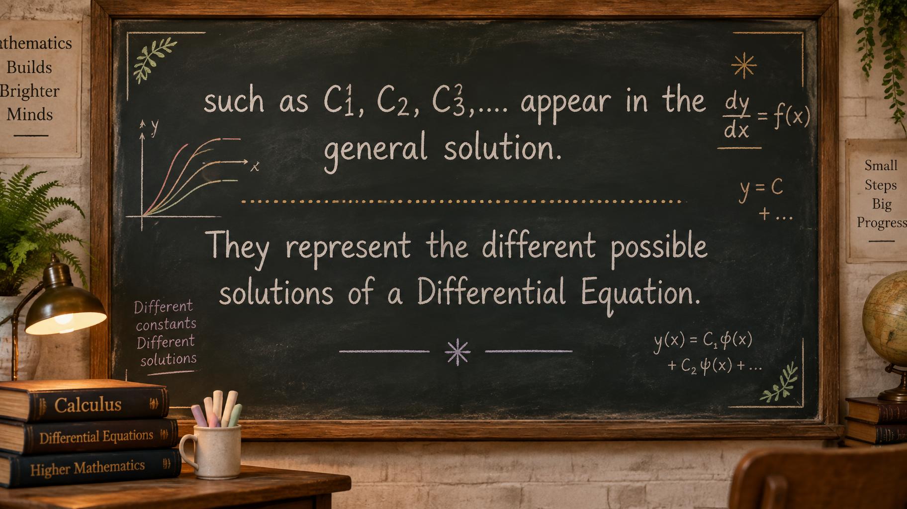 "such as C1, C2, C3,.... appear in the general solution.
They represent the different possible solutions of a Differential Equation." — Chalk | AI Text Effect Generator