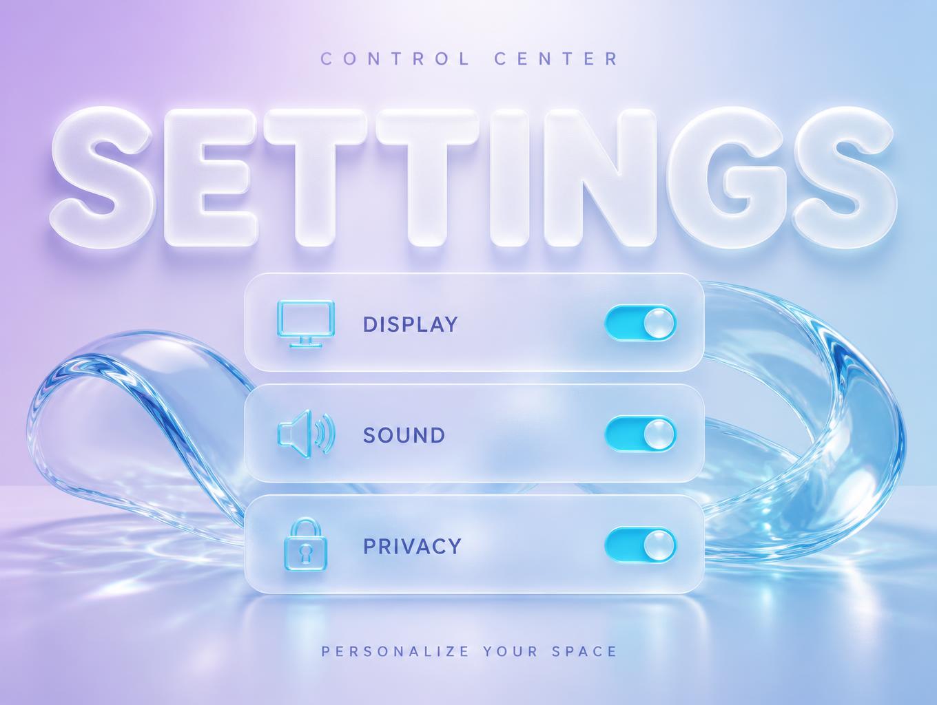 "SETTINGS
CONTROL CENTER
DISPLAY
SOUND
PRIVACY
PERSONALIZE YOUR SPACE" — Glass Liquid | AI Text Effect Generator
