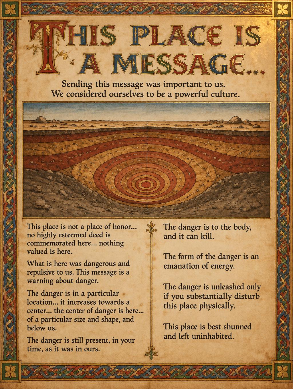 "This place is a message...
Sending this message was important to us. We considered ourselves to be a powerful culture.
This place is not a place of honor... no highly esteemed deed is commemorated here... nothing valued is here.
What is here was dangerous and repulsive to us. This message is a warning about danger.
The danger is in a particular location... it increases towards a center... the center of danger is here... of a particular size and shape, and below us.
The danger is still present, in your time, as it was in ours.
The danger is to the body, and it can kill.
The form of the danger is an emanation of energy.
The danger is unleashed only if you substantially disturb this place physically.
This place is best shunned and left uninhabited." — Medieval | AI Text Effect Generator
