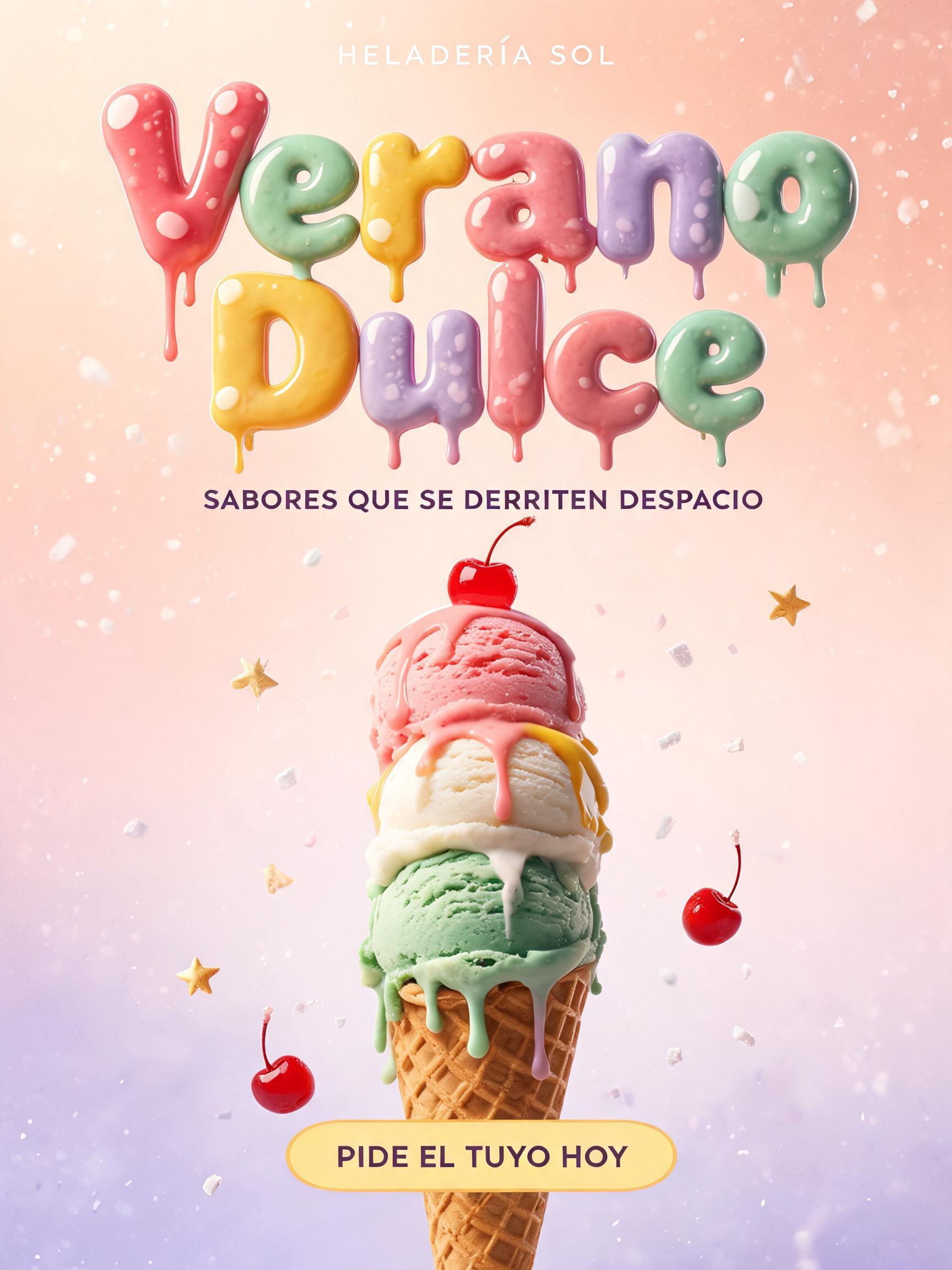 "Verano Dulce
HELADERÍA SOL
SABORES QUE SE DERRITEN DESPACIO
PIDE EL TUYO HOY" — Drip Font Ice text effect