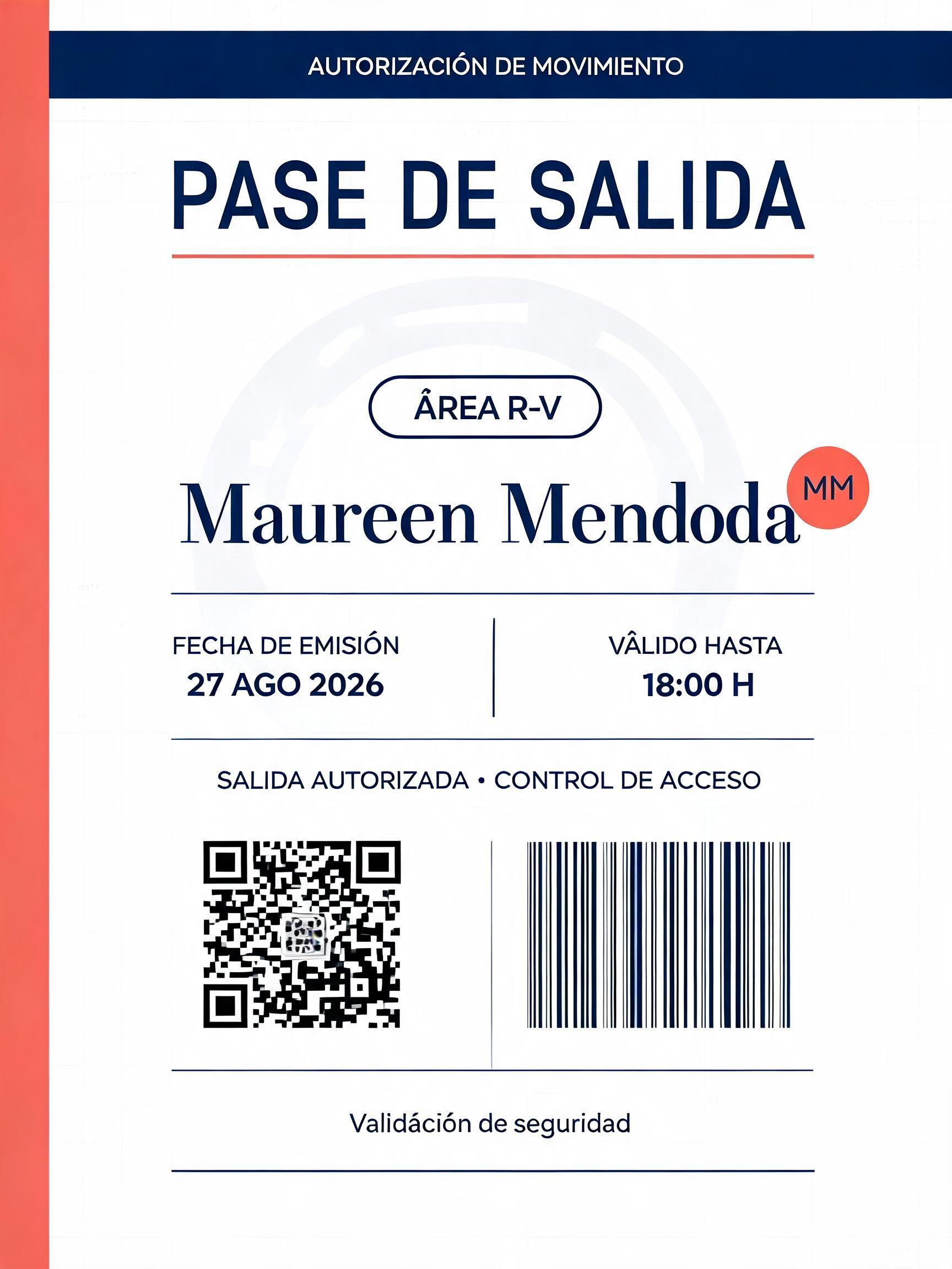 "Pase de salida
Área R-V
Maureen Mendoza" — Barbie text effect