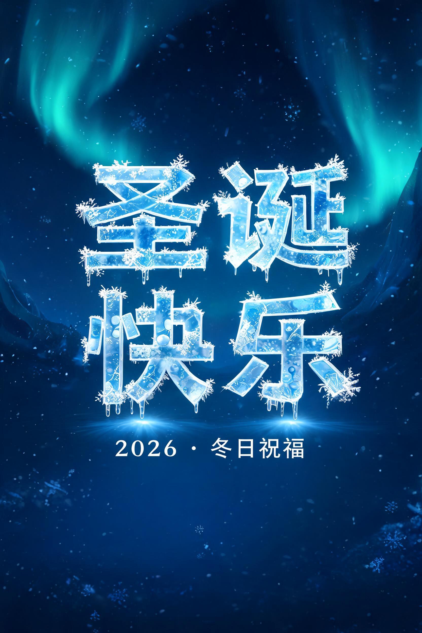 "圣诞
快乐
2026 · 冬日祝福" — Glass Frozen text effect