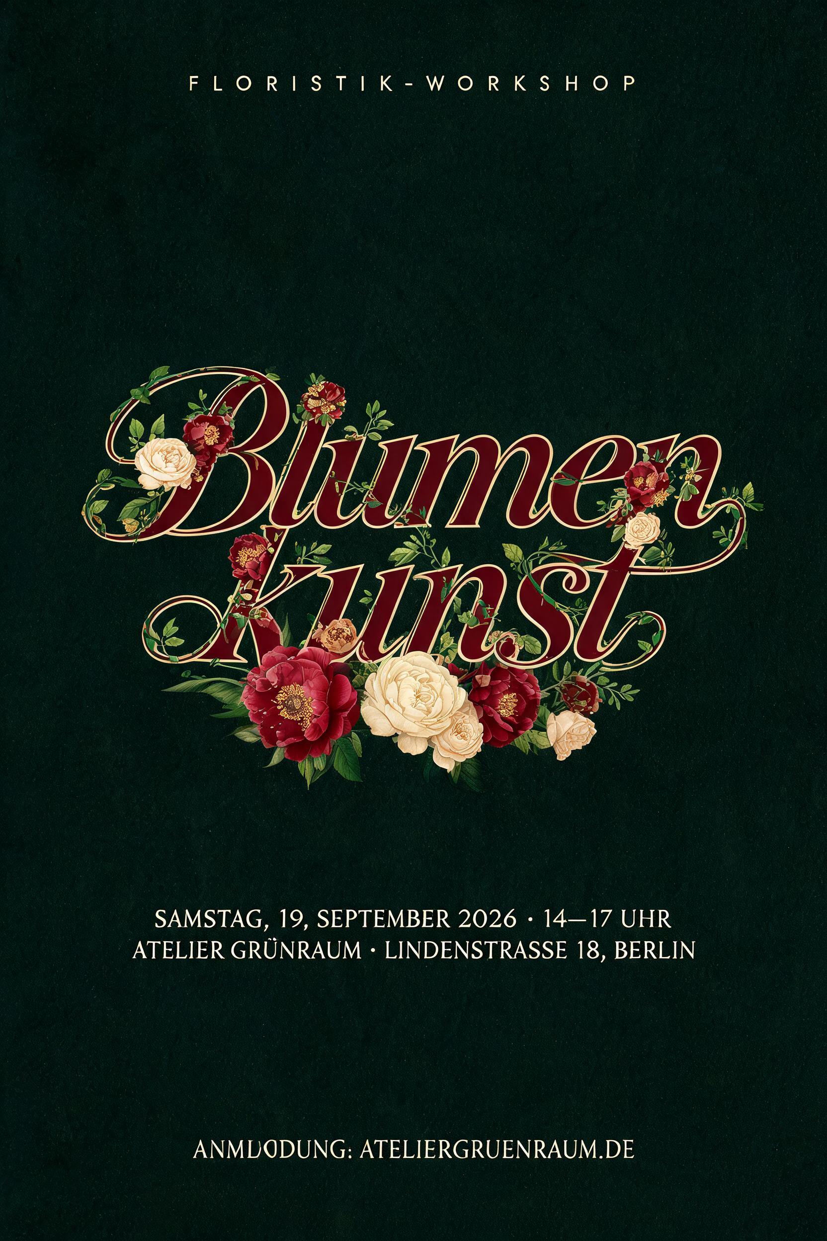 Blumenkunst
FLORISTIK-WORKSHOP
SAMSTAG, 19. SEPTEMBER 2026 · 14–17 UHR
ATELIER GRÜNRAUM · LINDENSTRASSE 18, BERLIN
ANMELDUNG: ATELIERGRUENRAUM.DE