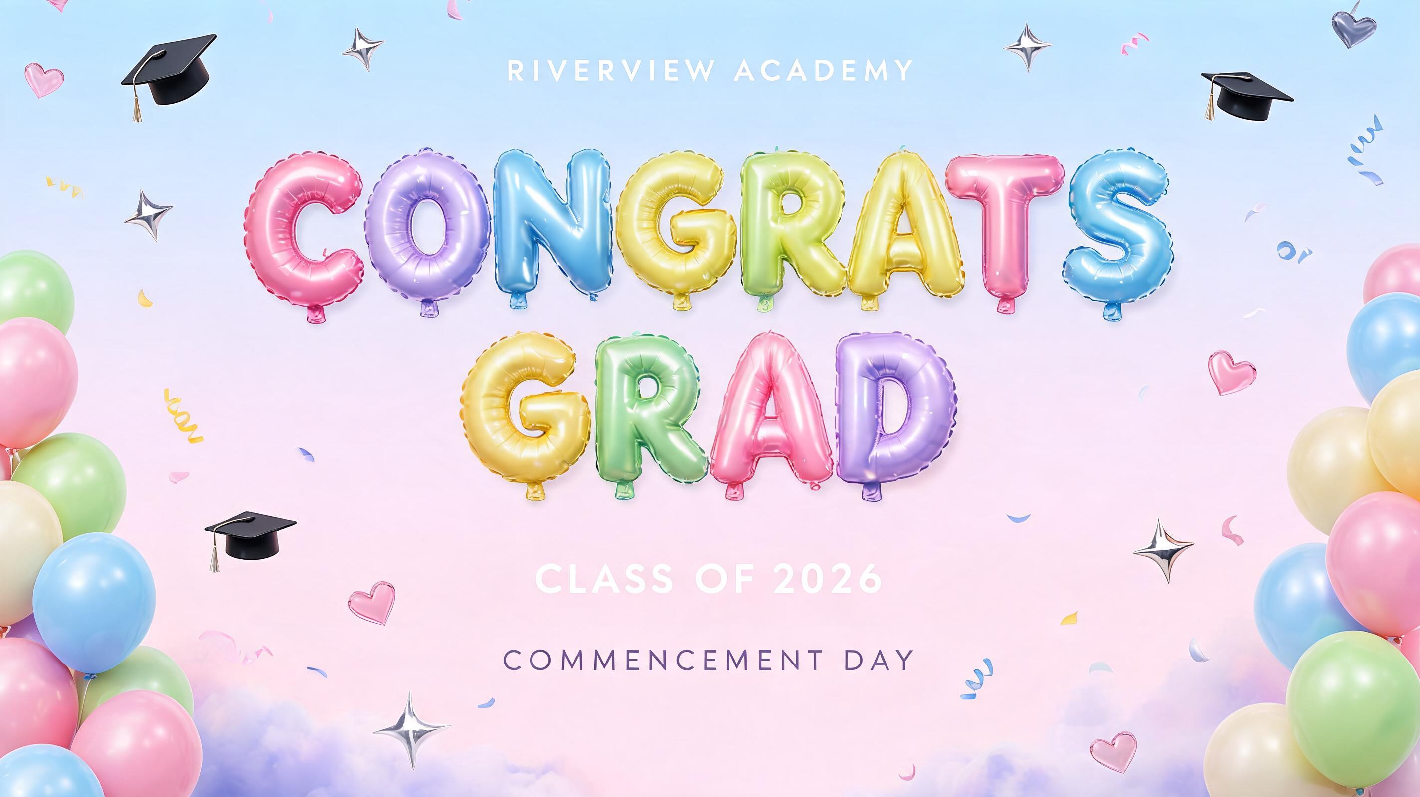 "Congrats
Grad
CLASS OF 2026
RIVERVIEW ACADEMY
COMMENCEMENT DAY" — Y2k Bubbly | AI Text Effect Generator