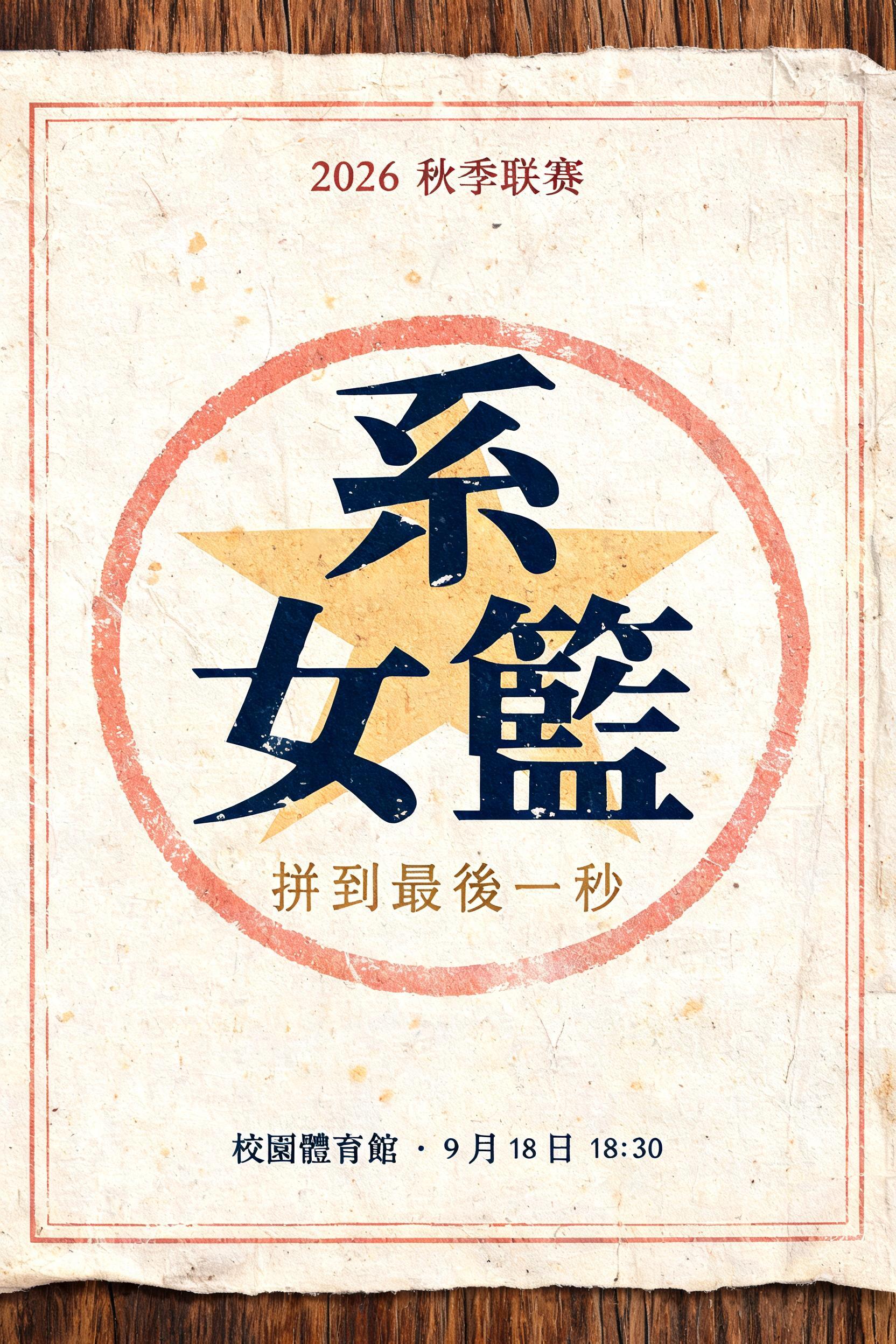 "系
女籃
2026 秋季联赛
拼到最後一秒
校園體育館 · 9 月 18 日 18:30" — Vintage | AI Text Effect Generator