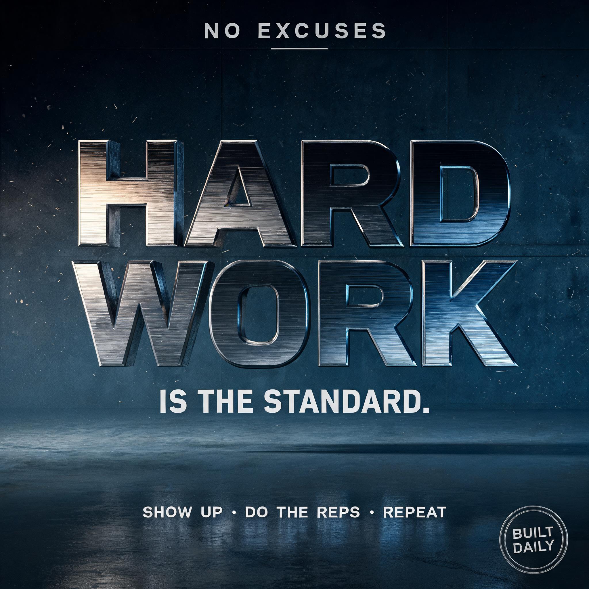 "HARD
WORK
NO EXCUSES
IS THE STANDARD.
SHOW UP · DO THE REPS · REPEAT
BUILT DAILY" — Metallic | AI Text Effect Generator