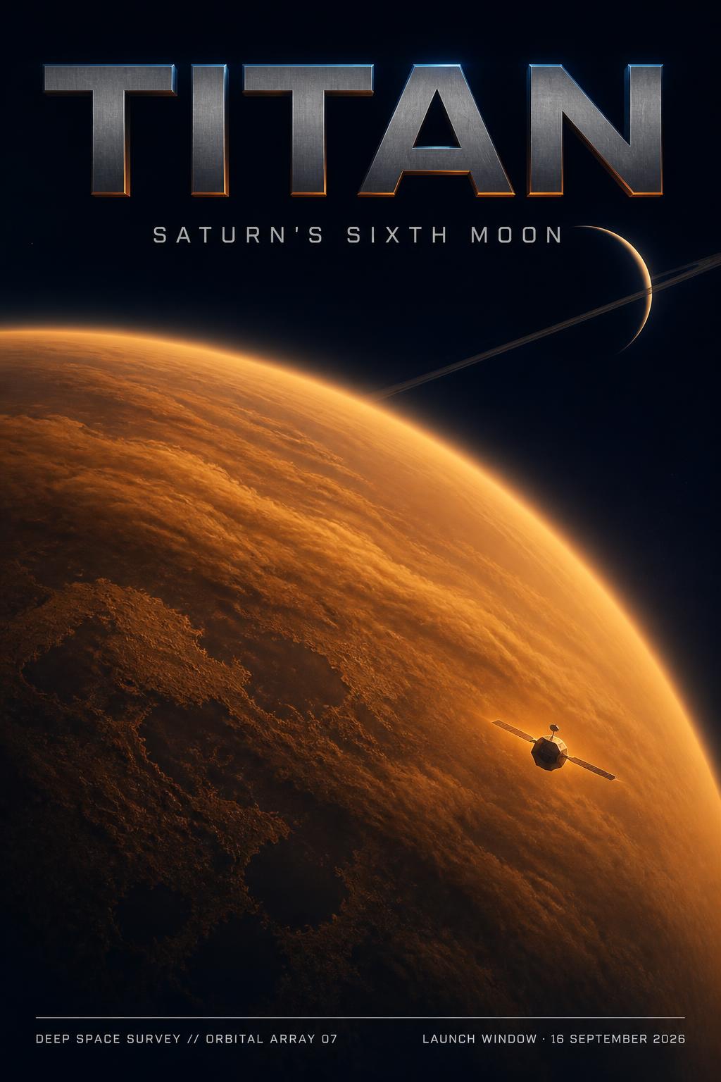 "TITAN
SATURN'S SIXTH MOON
DEEP SPACE SURVEY // ORBITAL ARRAY 07
LAUNCH WINDOW · 16 SEPTEMBER 2026" —  | AI Text Effect Generator